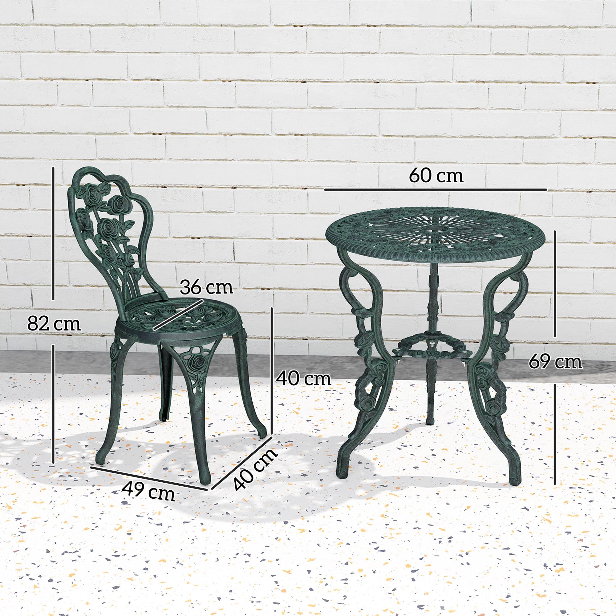 Outsunny Ensemble Salon de Jardin 2 Places Table Ronde Fonte d'Aluminium Vert Vieilli