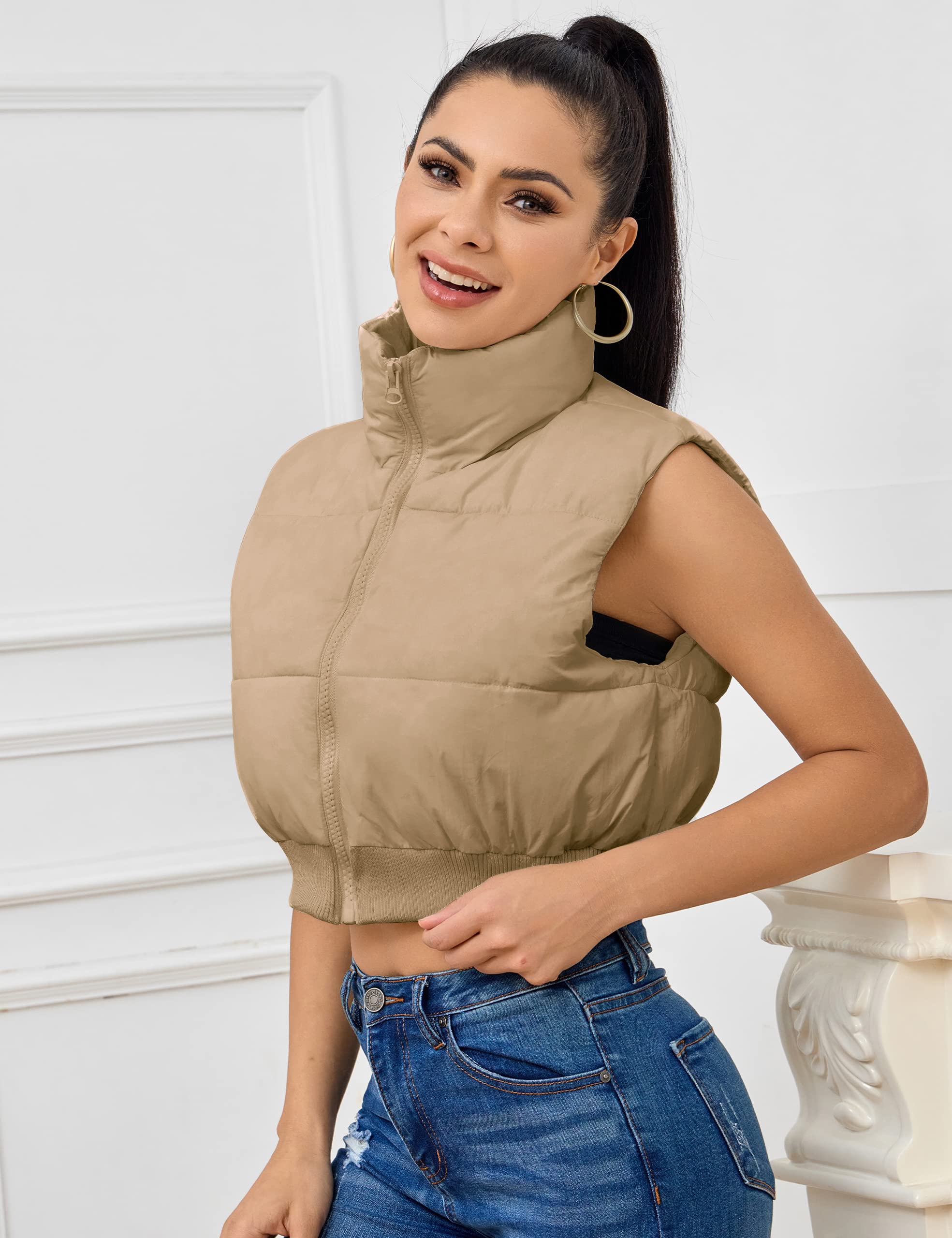 Kissonic Women's Padded Down Vest Puffer Stand Collar Zip Up Crop Sleeveless Jacket