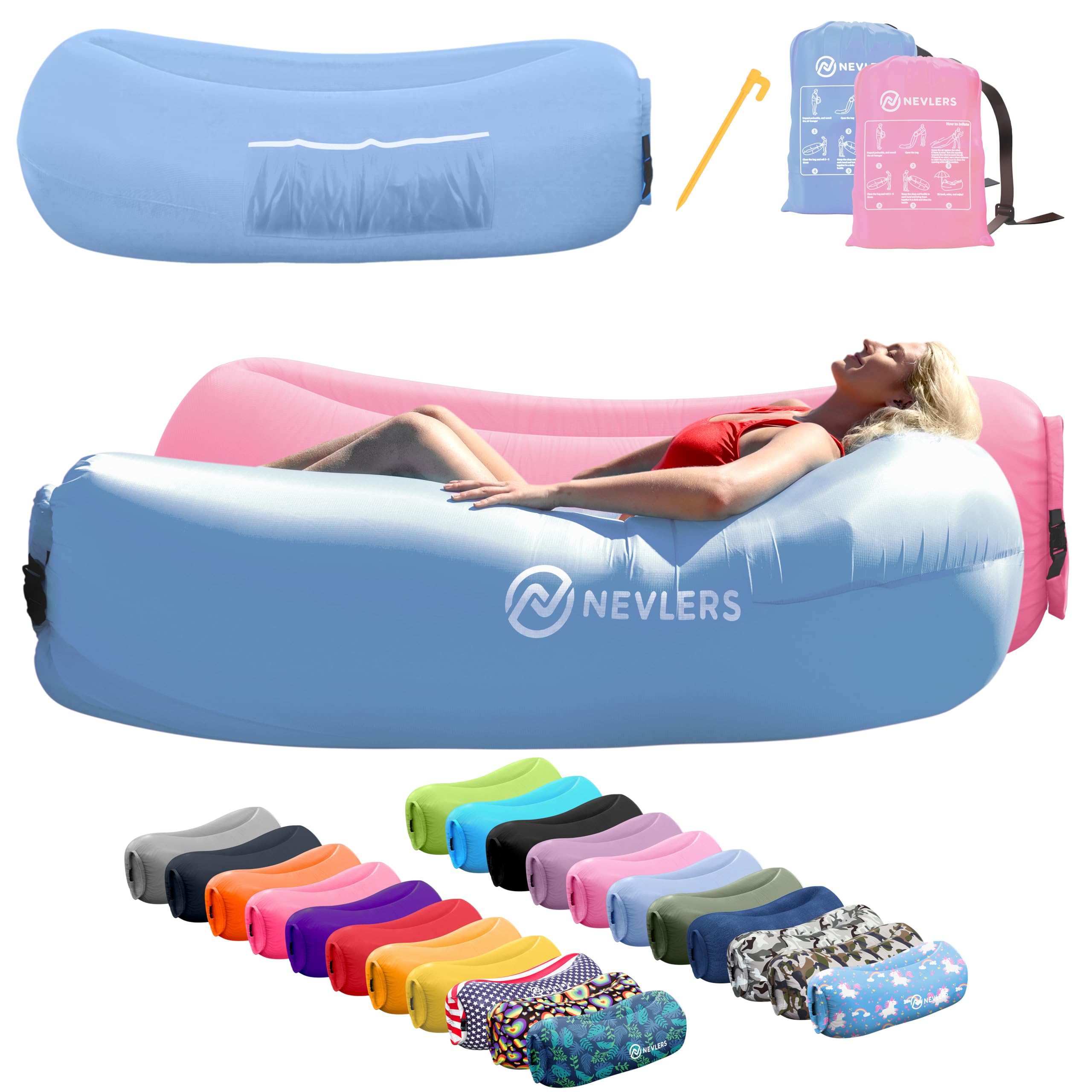 nevlers periwinkle blue & bubblegum pink air chair inflatable lounger 2 pk| 210t polyester blow up couch | 450 lbs capacity travel beach chair, portable hammock & outdoor inflatable couch for camping