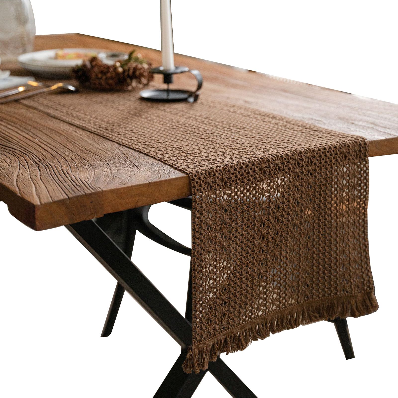 Camino de mesa de macramé, camino de mesa bohemio con borlas, bohemio, tejido de algodón, encaje de ganchillo, decoración rústica para el hogar, mantel para cocina, mesa de comedor, decoración de mesa