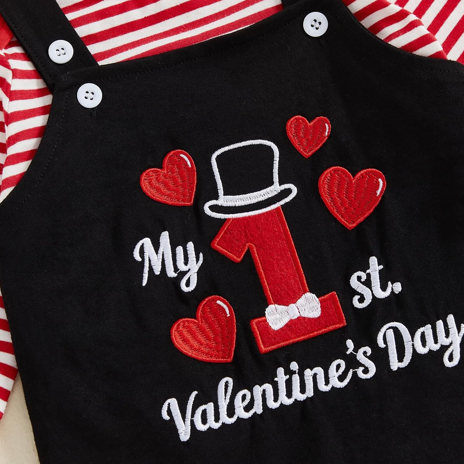 Newborn Baby Boy Valentines Outfit Stripe Long Sleeve Romper Letter Embroidery Suspender Pants Hat Clothes Set - Image 6