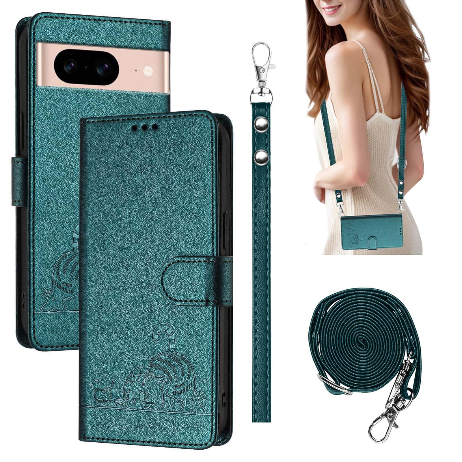 Leather Case for Google Pixel 8a Cover, Magnetic Wallet Phone Case with Card Holder + Long Rope, Flip Case/Cover with Stand - Dark Green