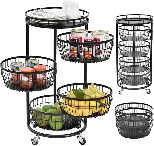 EZPEAKS Estante de almacenamiento de cocina de acero de 5 niveles con ruedas giratorias y cajones desmontables para frutas y verduras herramientas