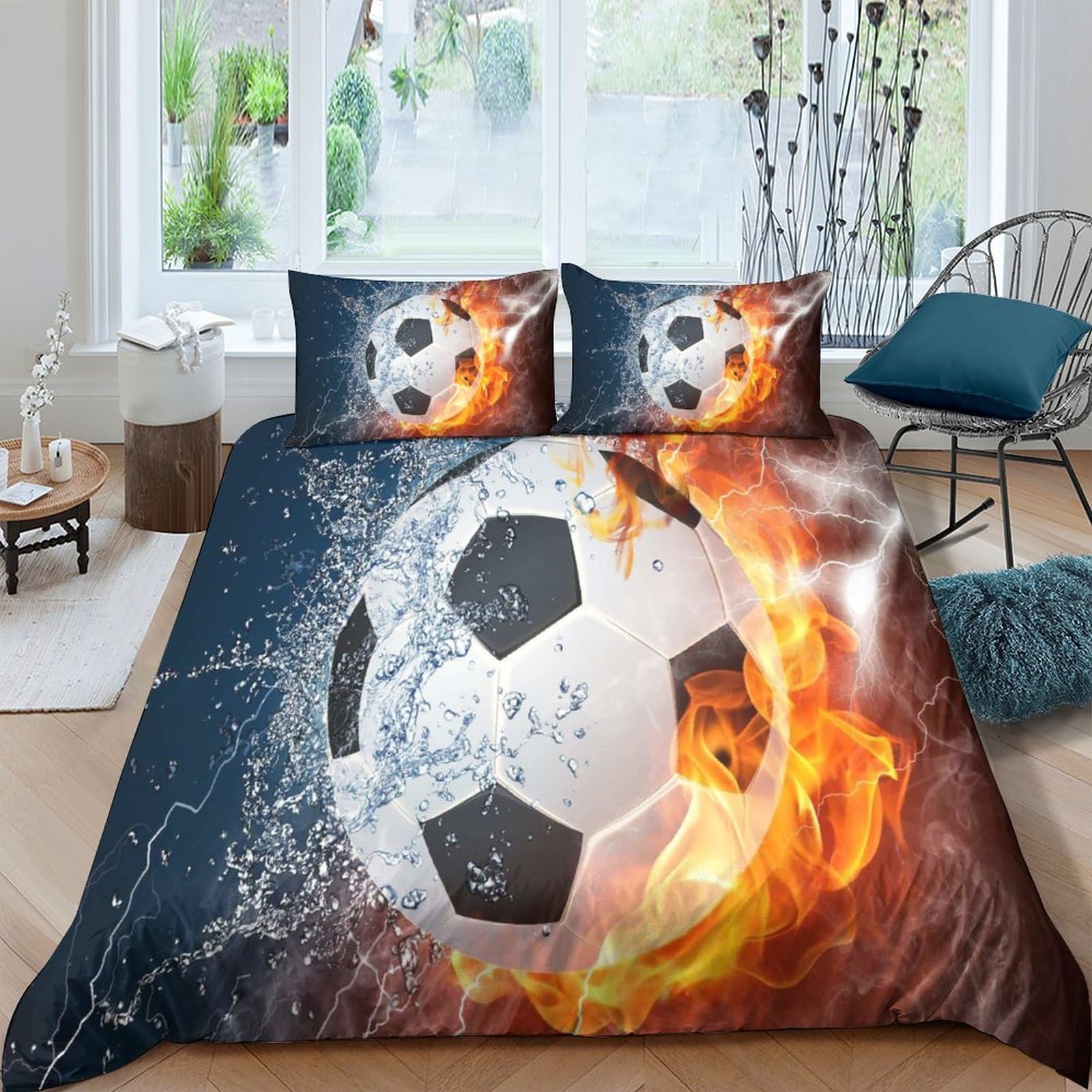 Housse de couette football déco de chambre ado parure de lit boules de feu et glace 200x200