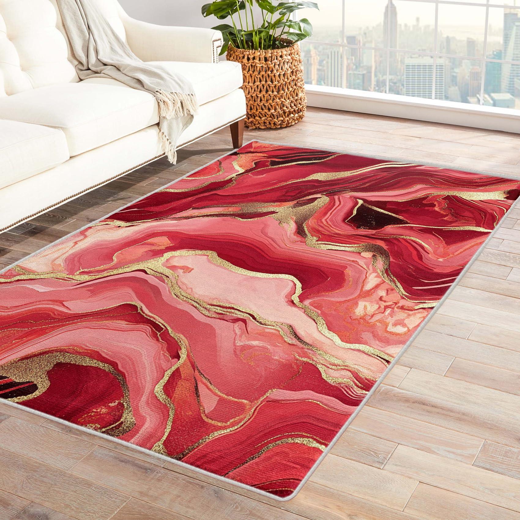 Zydzarrx Red Gold Marble Rugs for Living Room Bedroom, Red Agate Texture Area Rug, 2x3 Rug, Abstract Stone Modern Chic Door Mat, Small Carpet,