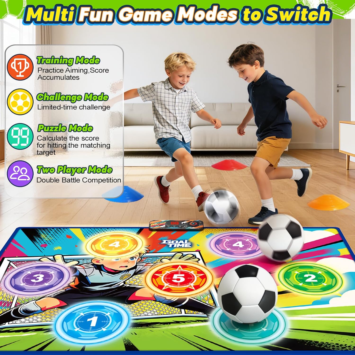 Electronic Scoring Soccer Toy Game Set for Kids with 5 Training Disc&2 Soft Balls,Indoor Outdoor Soccer Target Game Real-time Scoring 3 Modes Birthday Gifts for 3 4 5 6 7 8 9 10+ Years Old Boys Girls