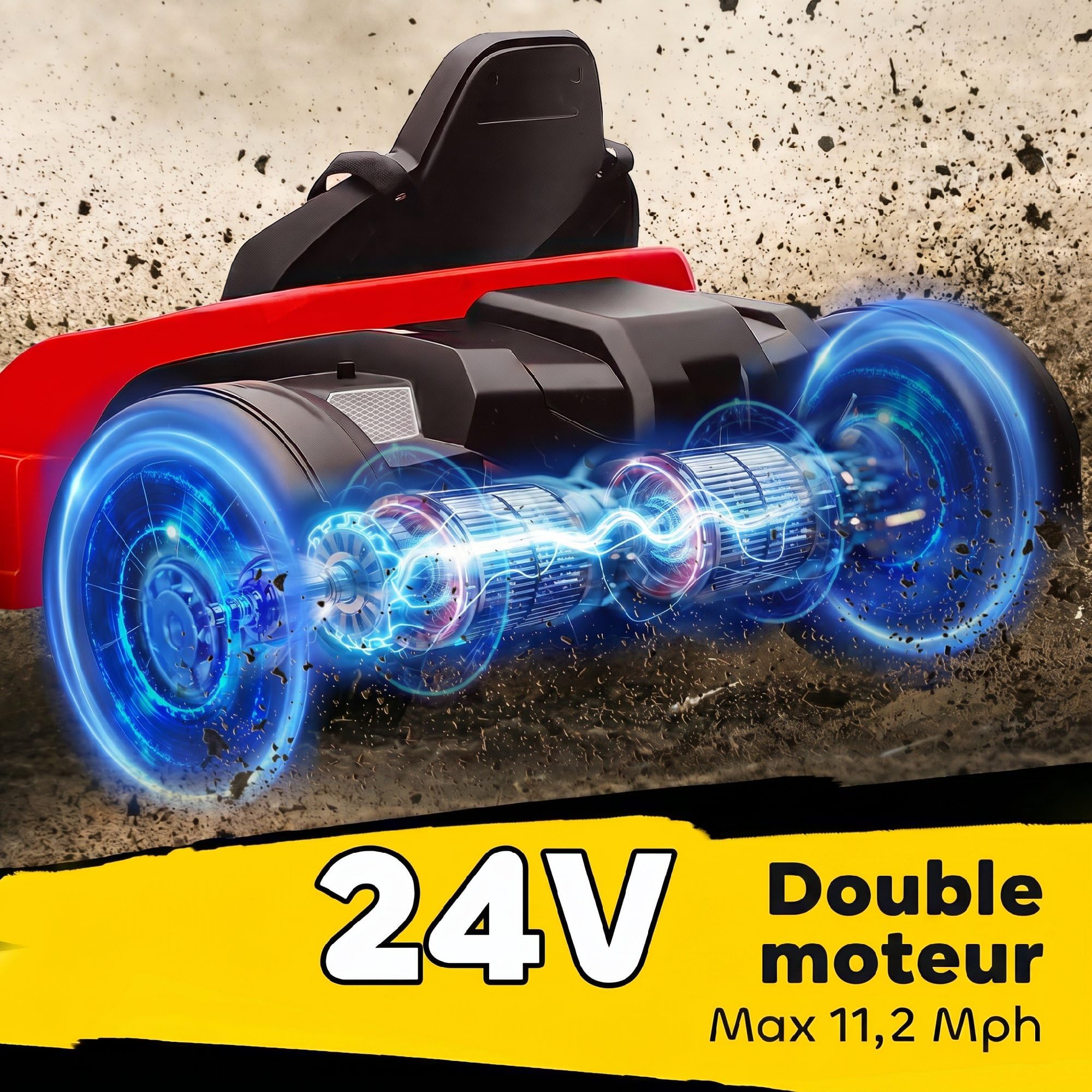 AIYAPLAY, Kart Électrique pour Enfants 24 V, Go Kart, Mode Drift, Rouge | Batterie 24V, Siège Réglable, Moteur 2x150W, Démarrage Progressif, Vitesses 6-18km/h, Harnais de Sécurité, Musique, 6-12 ans