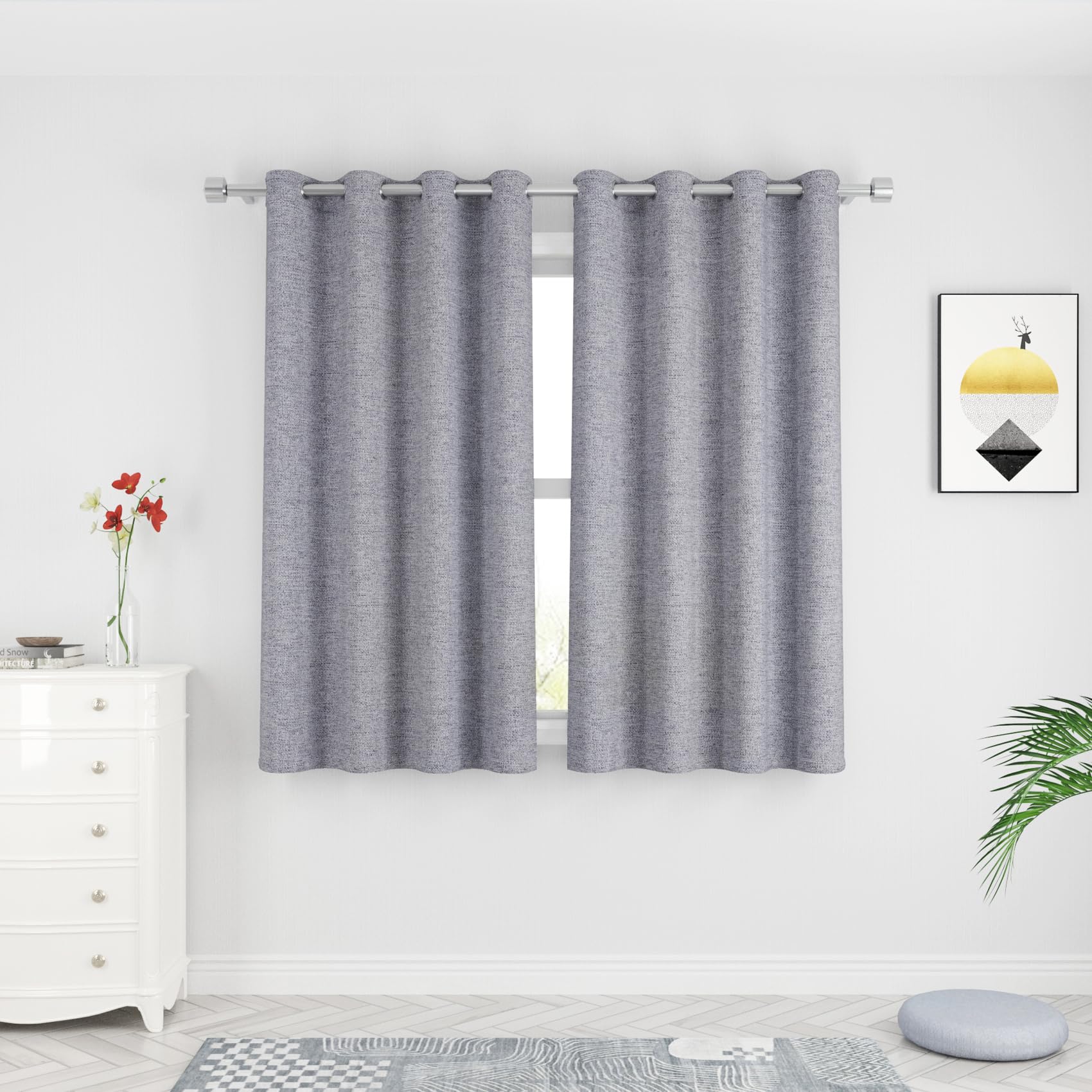 UPOPO Kitchen Curtains 63 inches Long Linen Textured Privacy Semi Sheer Charcoal Grey Living Room Bedroom Drapes Window Curtains Basement Curtain Panels Grommet Top 2 Pieces