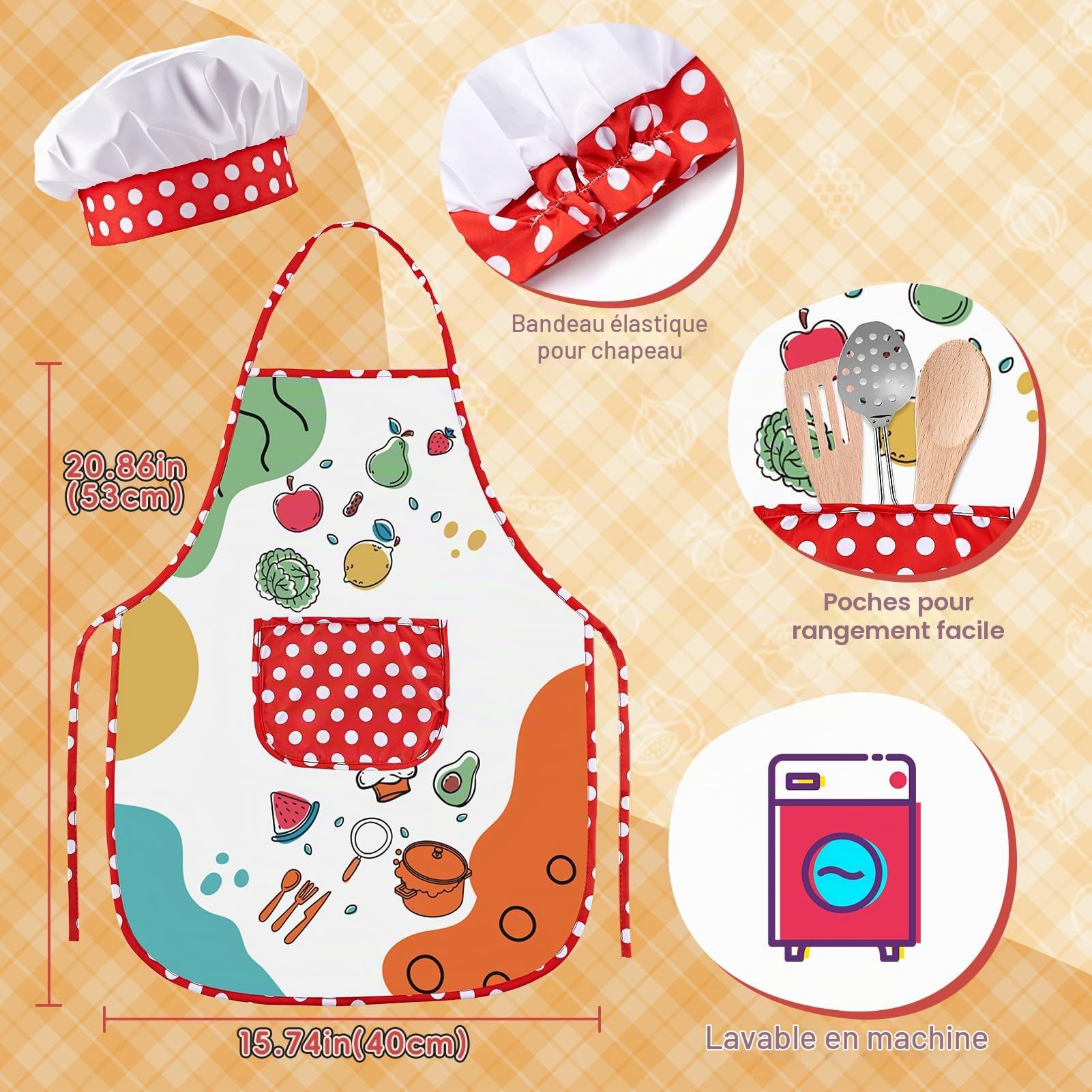 Shimirth 63 Pcs Dinette Enfant en Acier Inoxydable - Accessoire Cuisine Enfant avec Casseroles Jouets, Pizza Exclusive à Découper, 2 Paniers de Rangement, Tablier - Jouet d'Imitation 3 Ans+