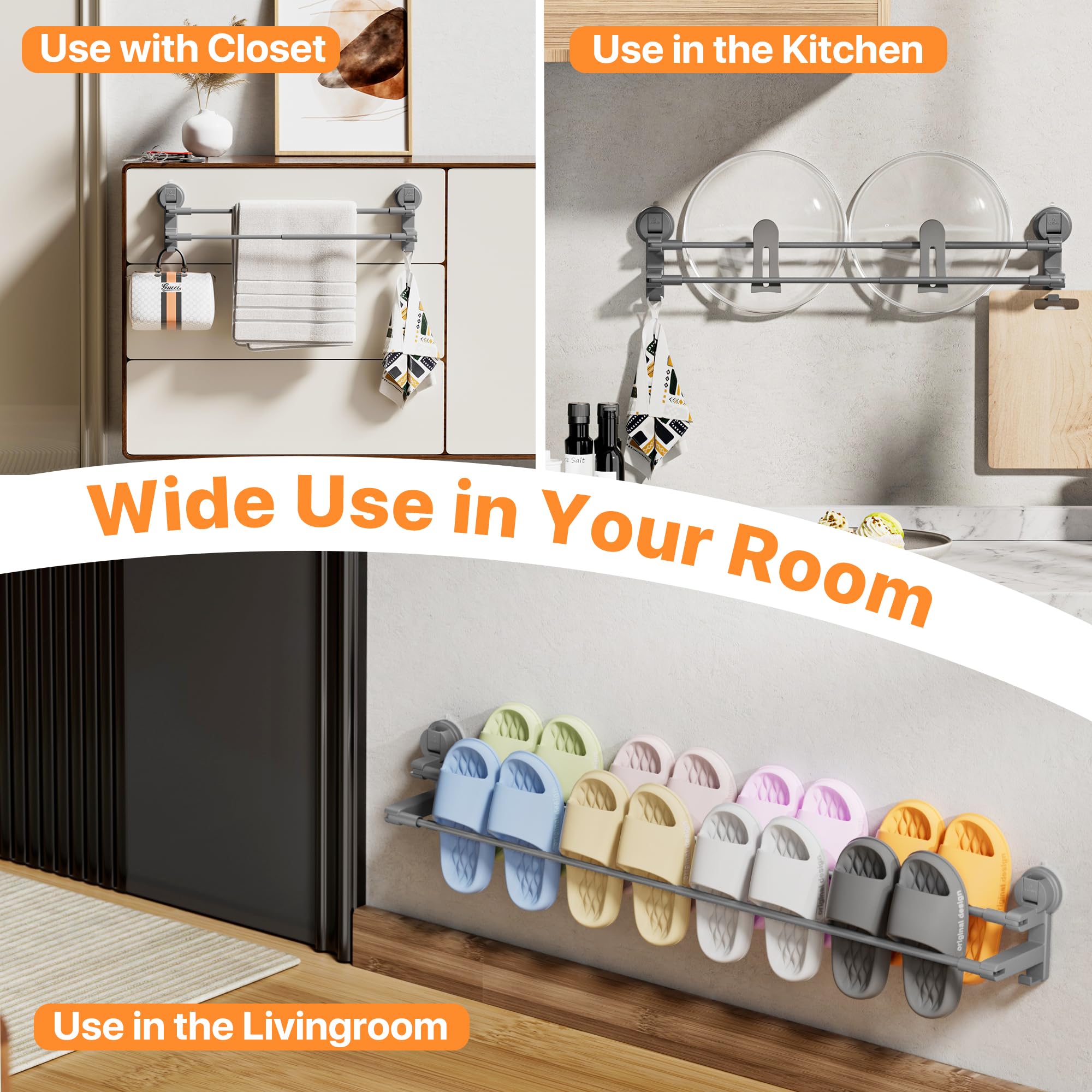 COCASES Toallero con ventosa sin taladrar, barra doble para mampara de ducha sin pegamento, con 2 ganchos para toallas y longitud ajustable para puerta de cocina, color gris oscuro, 41-75 cm