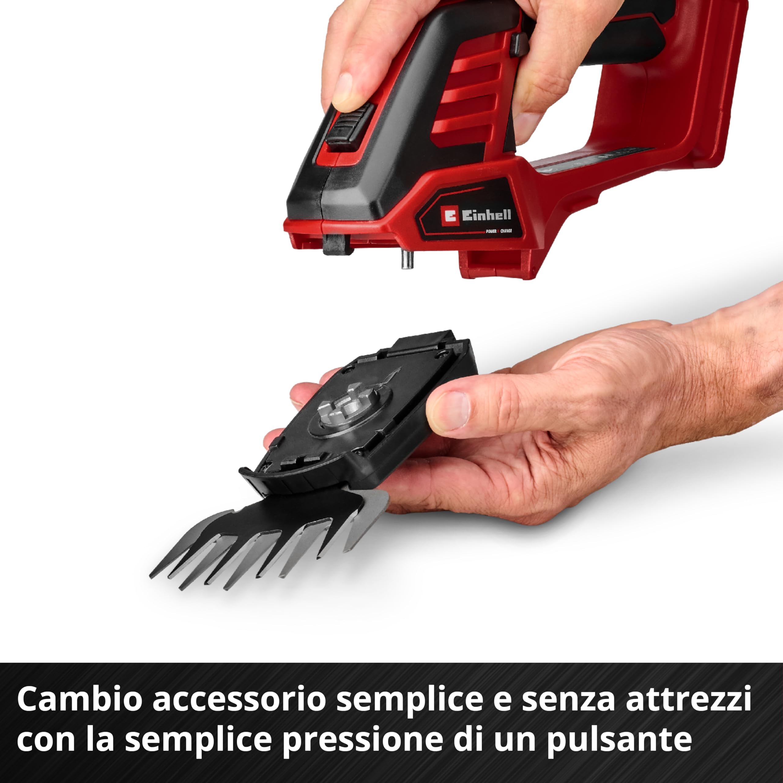 Cesoie per erba e cespugli a batteria Einhell GE-CG 18/100 Li - 3 in 1-Solo Power X-Change (18 V, incl. lama tagliaerba 100 mm, cesoie per arbusti 200 mm, testina a rastrello, senza batteria)