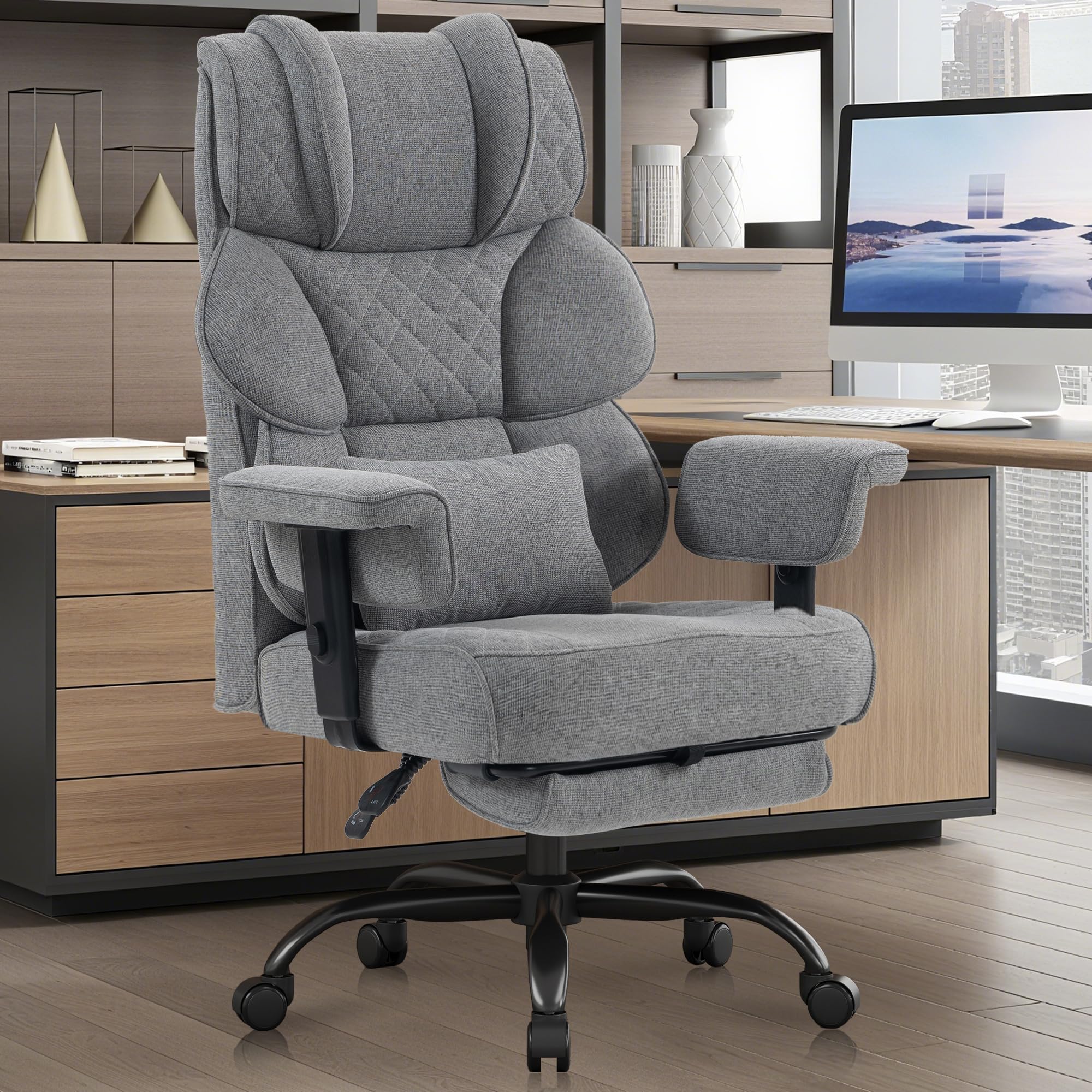 Vonesse Big and Tall Office Chair, Gaming Chair with Breathable Linen Design, Ergonomic Computer Chair with Soft Adjustable Armrests, Executive Chairs with Footrest (Linen Fabric,Grey)