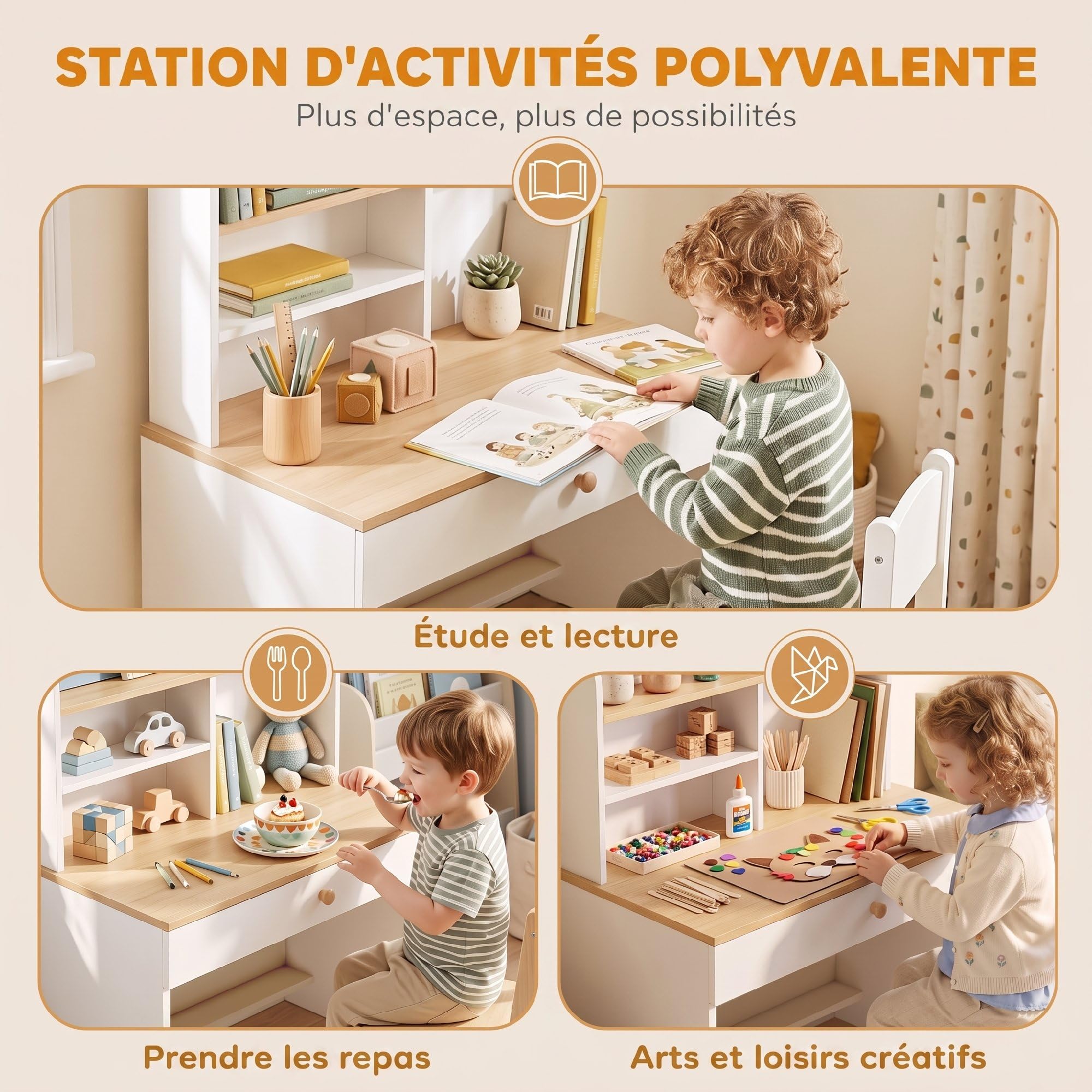 AIYAPLAY Bureau Enfant en Bois avec Rangement Plateau Large Blanc