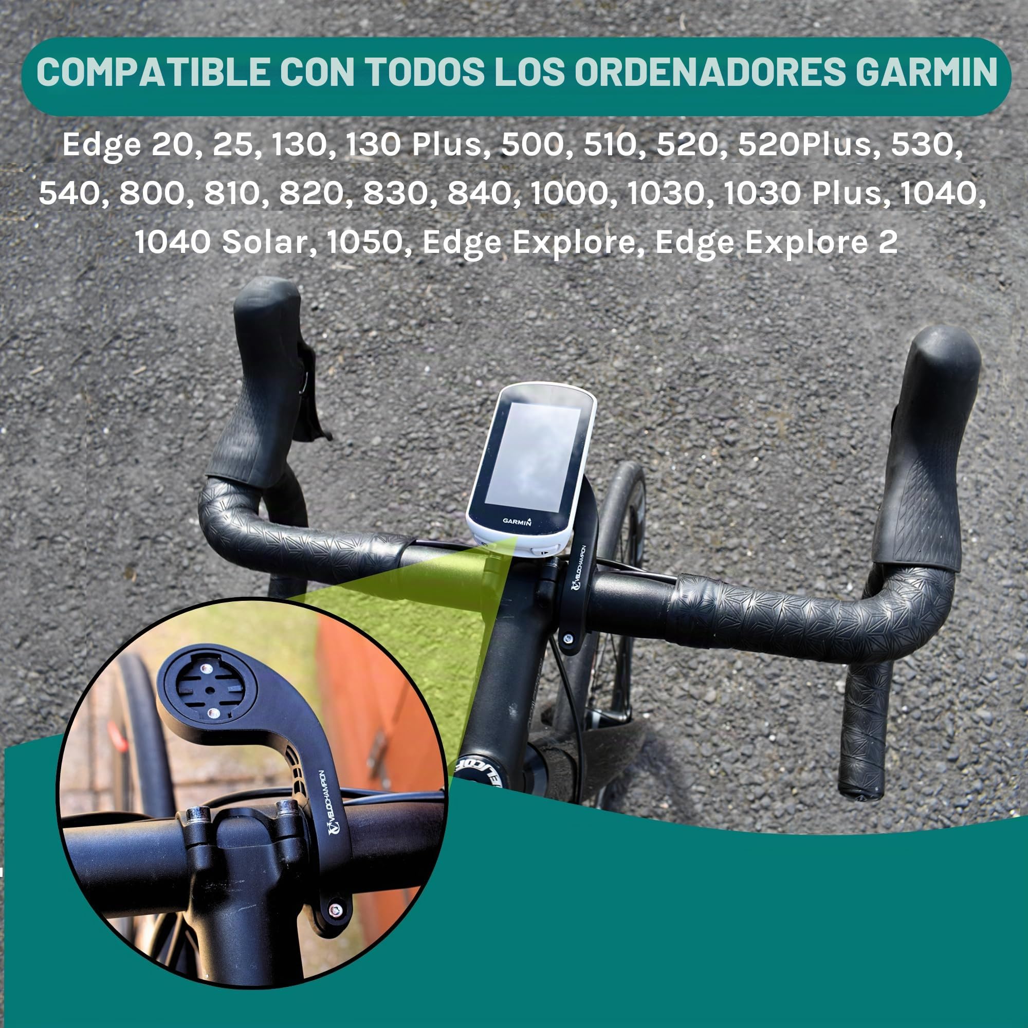 VeloChampion Soporte de Manillar Frontal Compatible con Ciclocomputadores GPS Garmin o Wahoo. Apto para Manillares con Diámetros de 25,4 a 35 mm