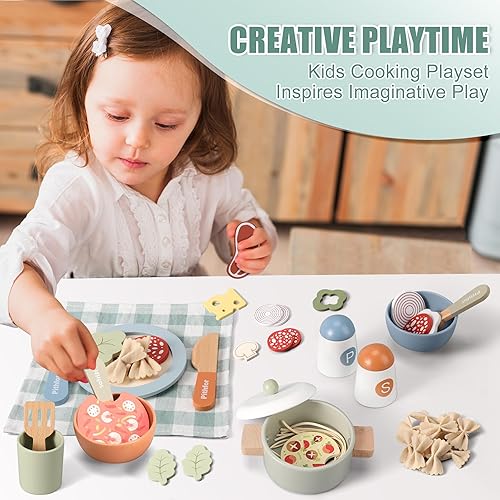 Miniatura 5 de Pithfor Juego de cocina de madera, juego de accesorios de cocina para niños pequeños, incluye platos de juego, olla y sartén, utensilios, regalos