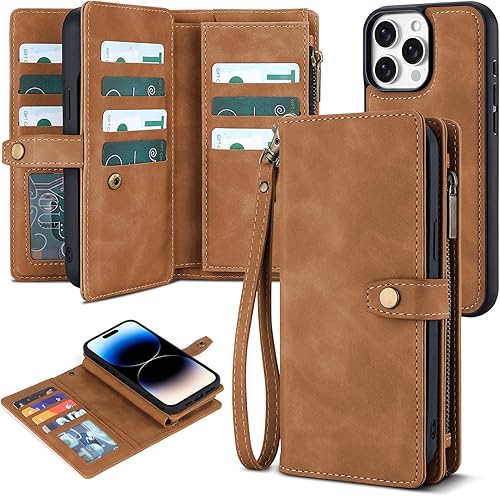 TwoHead Funda tipo cartera para iPhone 14 Pro con tarjetero, funda magnética desmontable de piel sintética para mujereshombres, con correa para la
