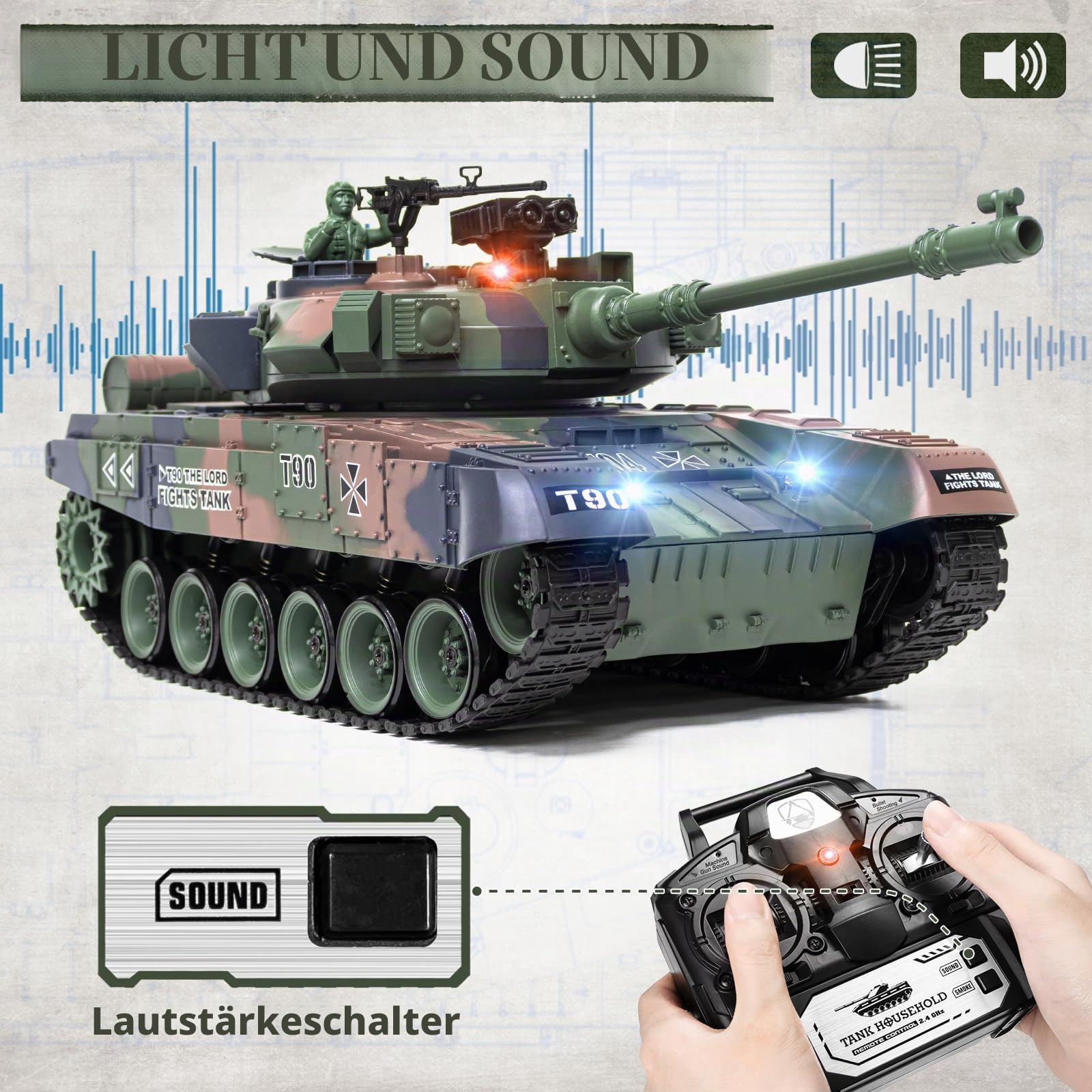 Supdex 1:18 RC Panzer T90, 2.4GHz Panzer Ferngesteuert mit Schussfunktion, WW2 Militär, Ferngesteuertes Militärfahrzeug mit Metallketten, Rauch, Licht, Sound, Armee Spielzeug für Kinder Erwachsene