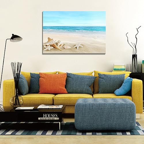 Miniatura 5 de DZL Art S73981 - Lienzo decorativo para pared, diseño de estrellas de mar y conchas en la playa, listo para colgar, para sala de estar, dormitorio,
