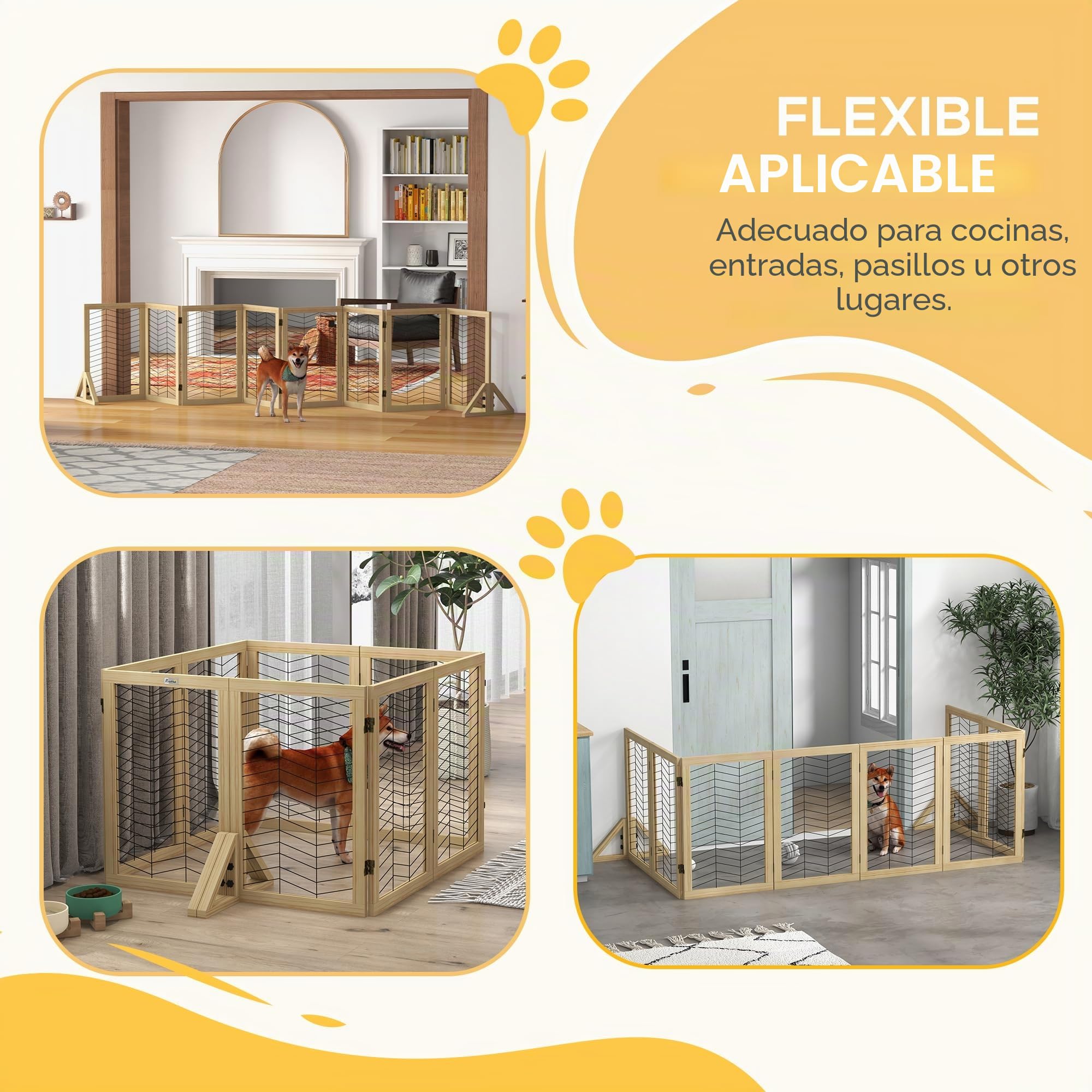 PawHut Rejilla de Madera de Barrera para Perros, Rejilla de protección para Puertas, Rejilla Plegable para Perros con 8 Paneles, Rejilla de Barrera para Perros, Rejilla de protección para escaleras, | Barrera plegable para perros con 8 paneles para perros