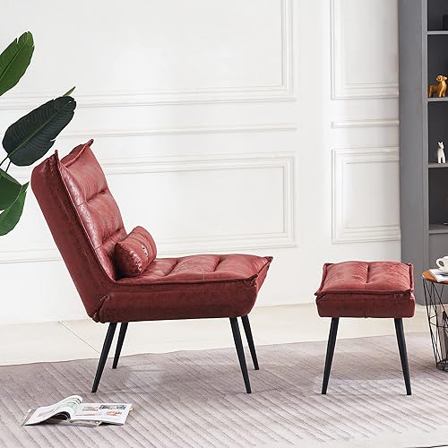 Miniatura 4 de MCombo Wingback - Silla decorativa con otomana, moderna tela bronceadora tapizada para espacios pequeños, sala de estar 4400 (borgoña)