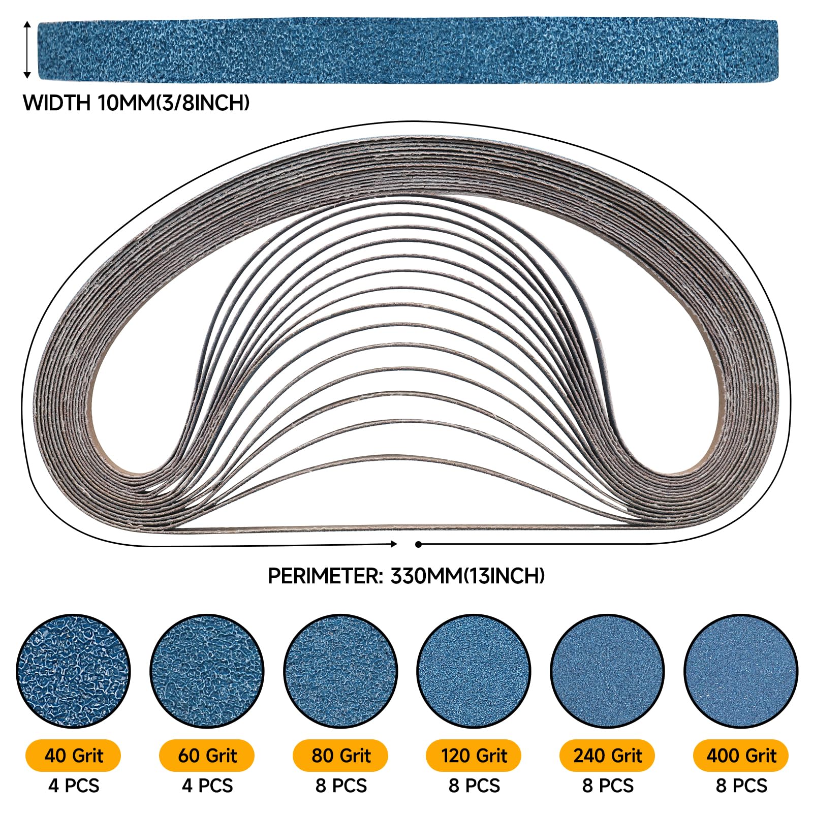 Shineboc Sanding Belt 10 x 330 mm, 40PCS Sander Belts 40/60/80/120/240/400 Grit for Polishing Metal Wood - Image 2
