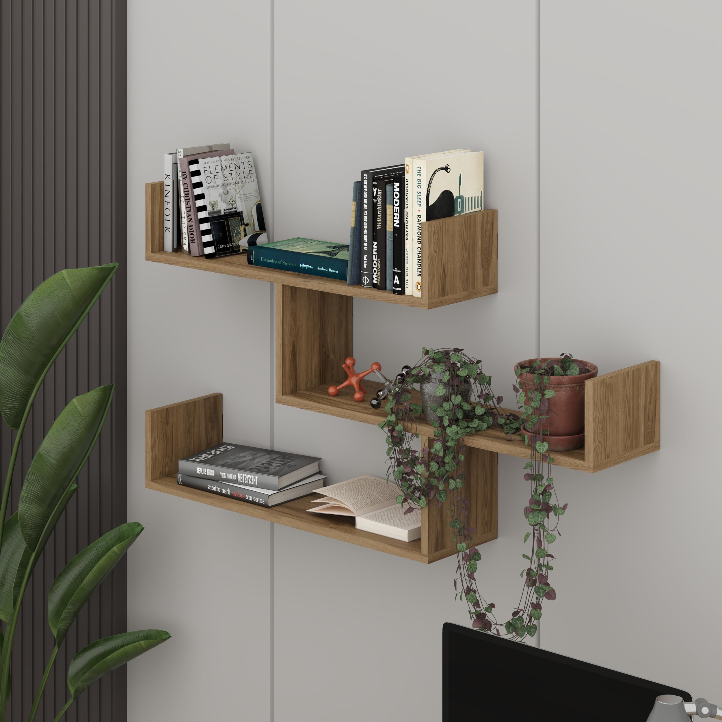 HOCUS PICUS 3 Tier Wall Shelf, Modern Design, 119x66.5x22cm, Whiskey Oak