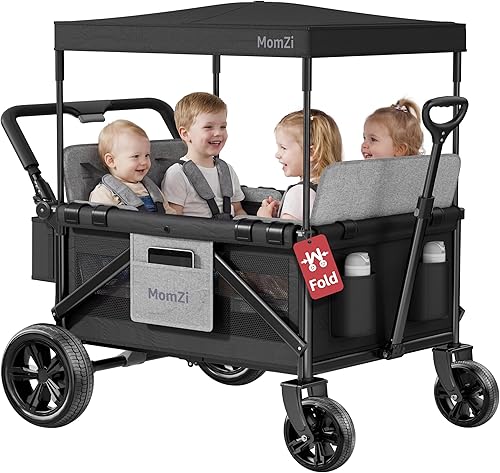 Cochecito de 4 plazas con toldo extraíble, cochecito plegable para 4 niños con bolsillo de almacenamiento para bebés y niños pequeños, color negro