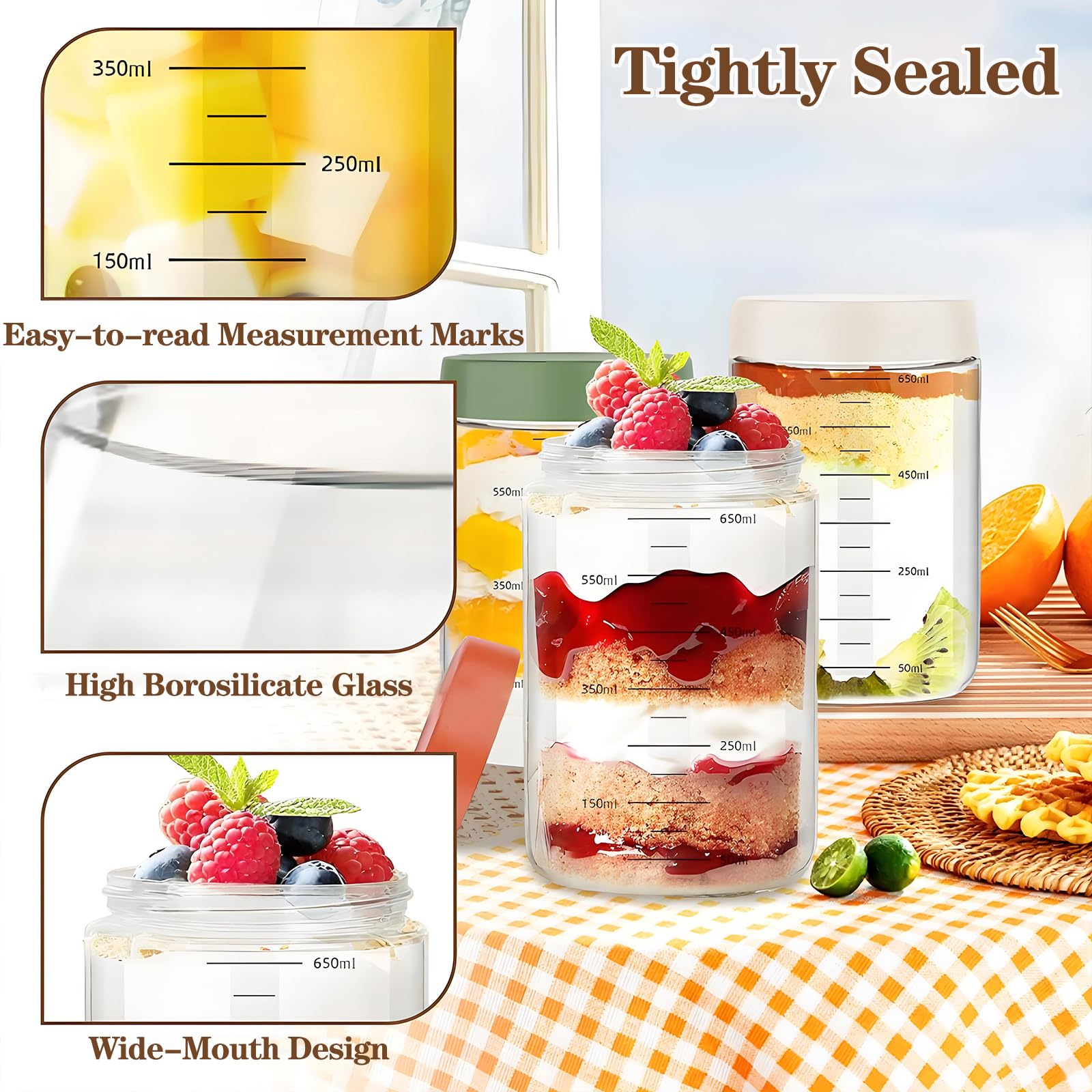 NCONCO Paquete de 4 tarros de vidrio multiusos de 750 ml con tapas, reutilizables a prueba de fugas, tarros de almacenamiento de alimentos con tapas para aperitivos, yogur, preparación de comidas