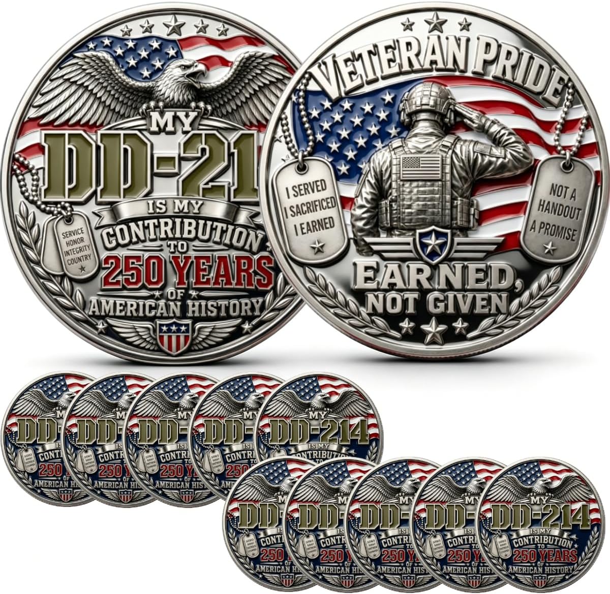 DD-214 Veteran Pride Coin, My DD-214 is My Contribution Commemorative Coin, 250 Years of Freedom Veteran Tribute Coin, 250th Military Keepsake Gift for Patriotic Americans (10pcs)