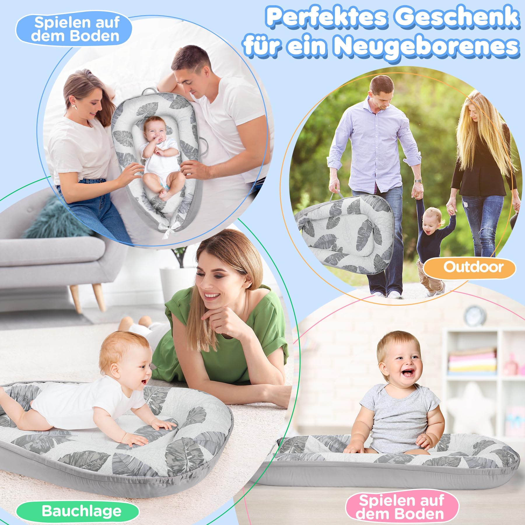 URMYWO Babynestchen Neugeborene - Nestchen Baby 90x50 cm - Kokon Handmade zweiseitig Reisebett für Babys aus 100% Baumwolle - Baby Nest (Feder Grau)