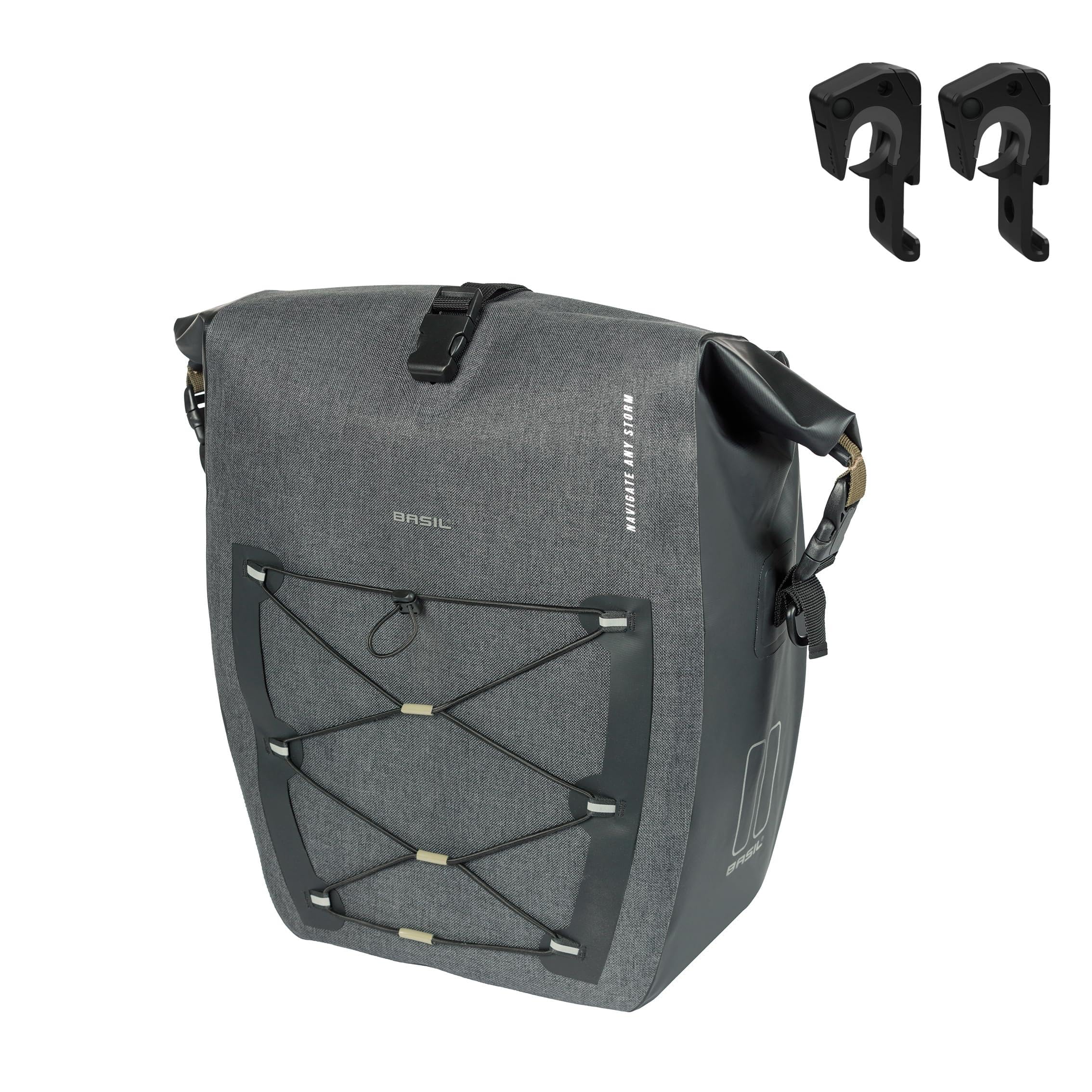 Basil Bicycle Single Bag L MIK Hooks - 25-31L - Tarpaulin/Polyester - Waterproof IPX3 - Rolltop Closure - Compression Front Pocket - Reflective - Removable Shoulder Strap - Black