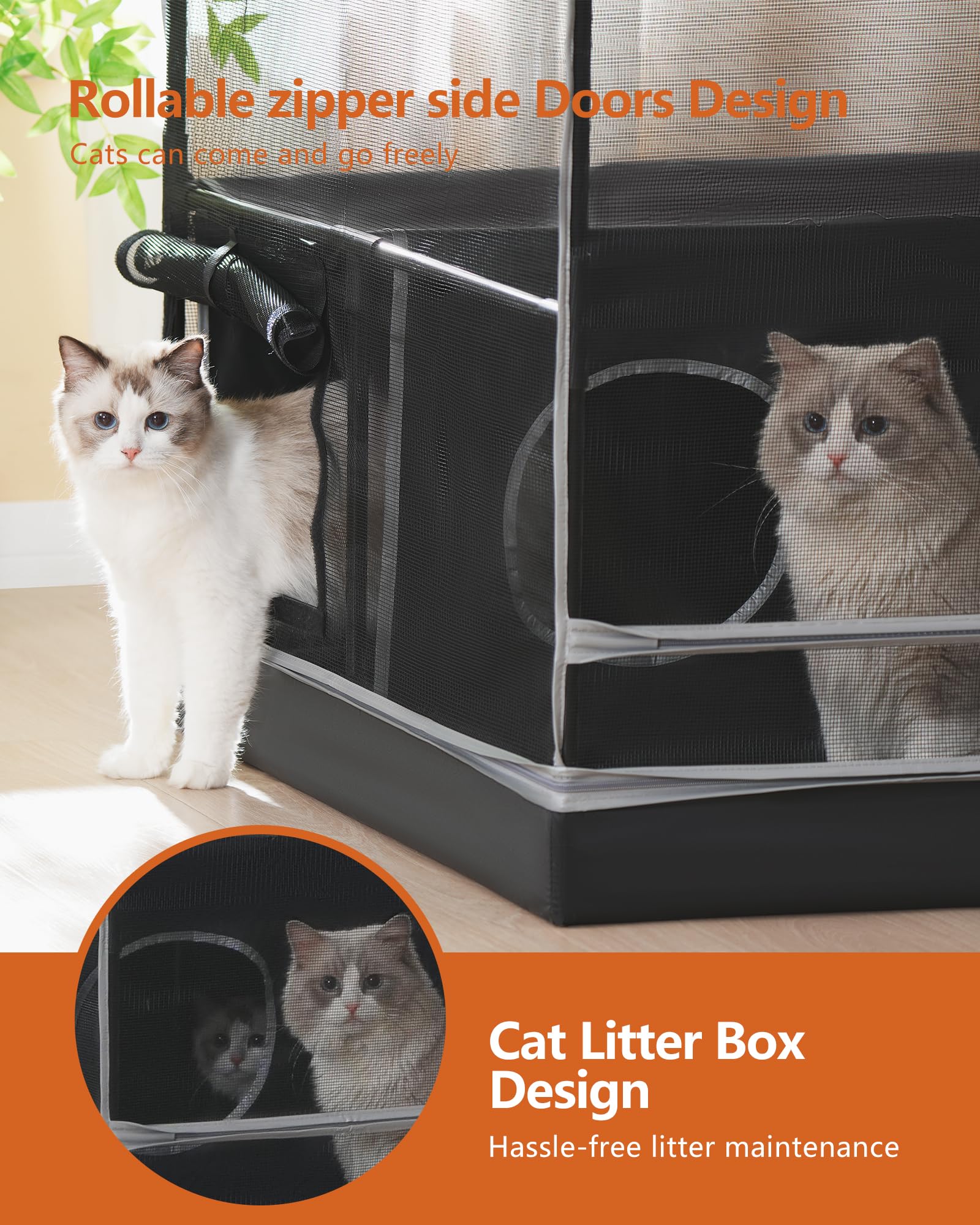 DINMO Jaula Grande para Gatos con Área para Arenero, Corralito de Interior para Gatos Adultos, Gatitos y Animales Pequeños, Caseta Multinivel con Suelo Impermeable, Negro