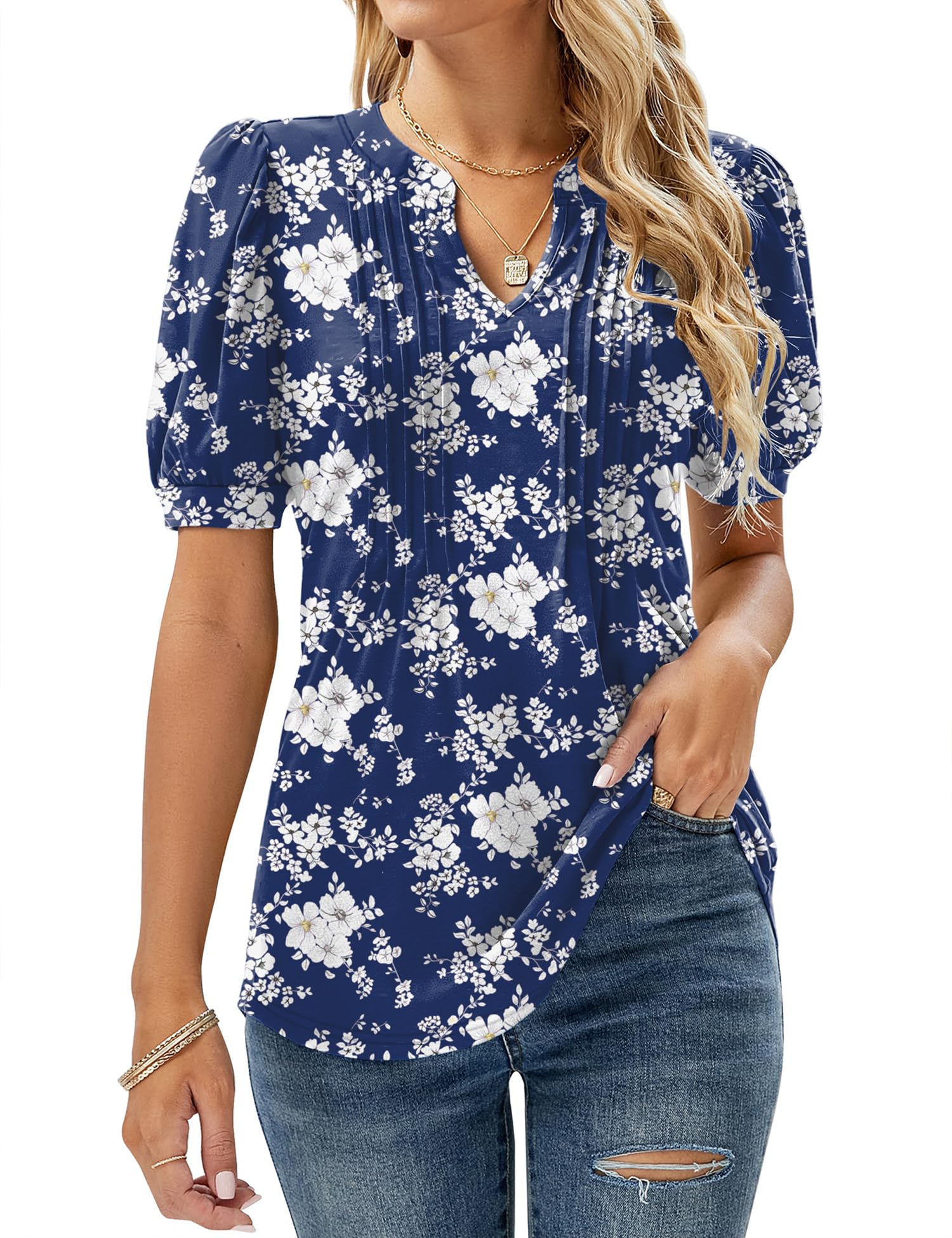 EFFAN Bluse Damen Kurzarm T-Shirts V-Ausschnitt Blumen Falten Tunika Sommer Oberteile Locker Lässig Longshirt…