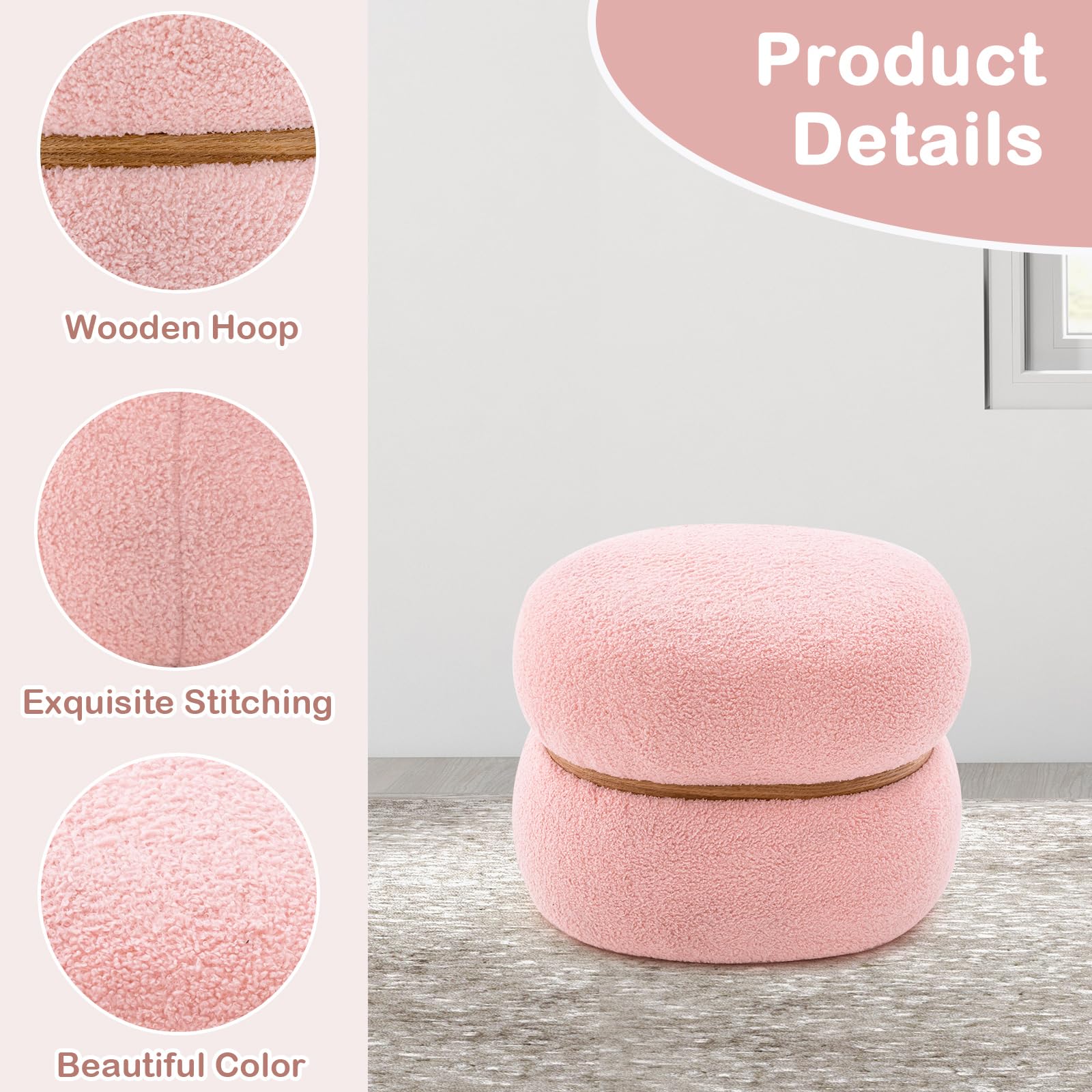 HOMASIS Taburete de tocador de Sherpa, taburete ovalado de 300 kg, reposapiés acolchado para salón, dormitorio y pasillo, 44 x 35 x 35 cm, color rosa