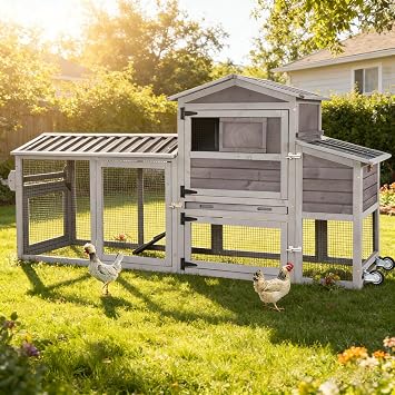 Aivituvin Chicken Coop with Run and Wheels, Mobile Outdoor Hen House Wooden Poultry Cage with Waterproof Roof Grey, AIR61