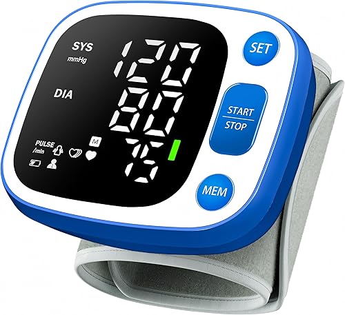 Oklar Blood Pressure Monitors for Home Use Rechargeable Wrist Digital BP Machine Cuff with LED Backlit Display, Voice Broadcast, 240 Memory Storage for 2 Users with Carrying Case, Blue