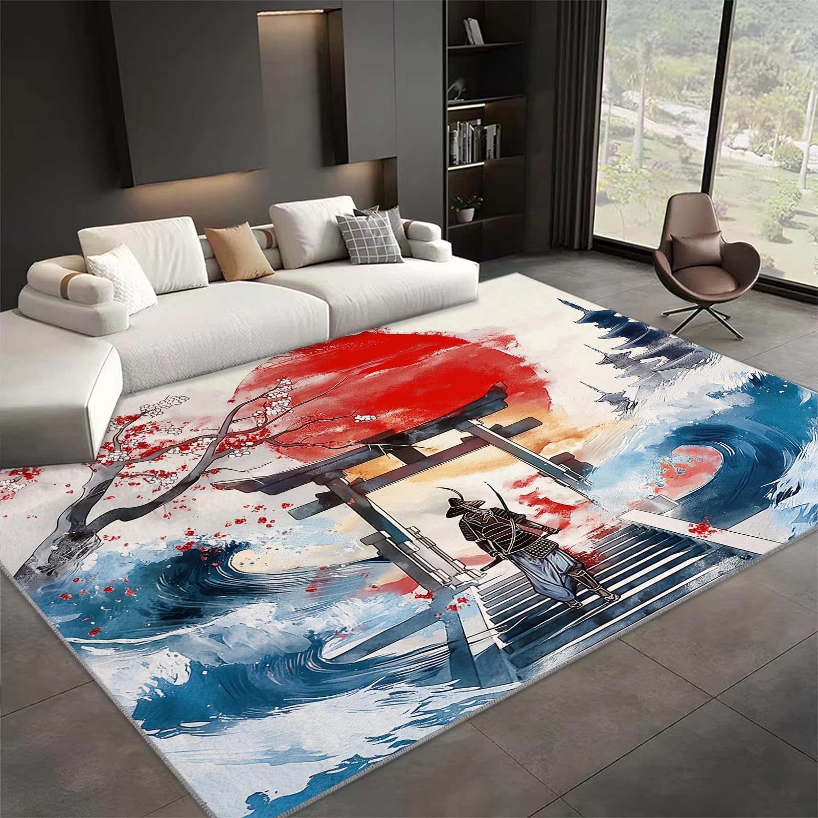 Générique Tapis Chambre Samouraï Japonais Porte Torii 80x150 cm Moderne Tapis de Salon Doux à Poils Courts Tapis Antidérapant pour Salon, Chambre à Coucher, Tapis Lavable en Machine