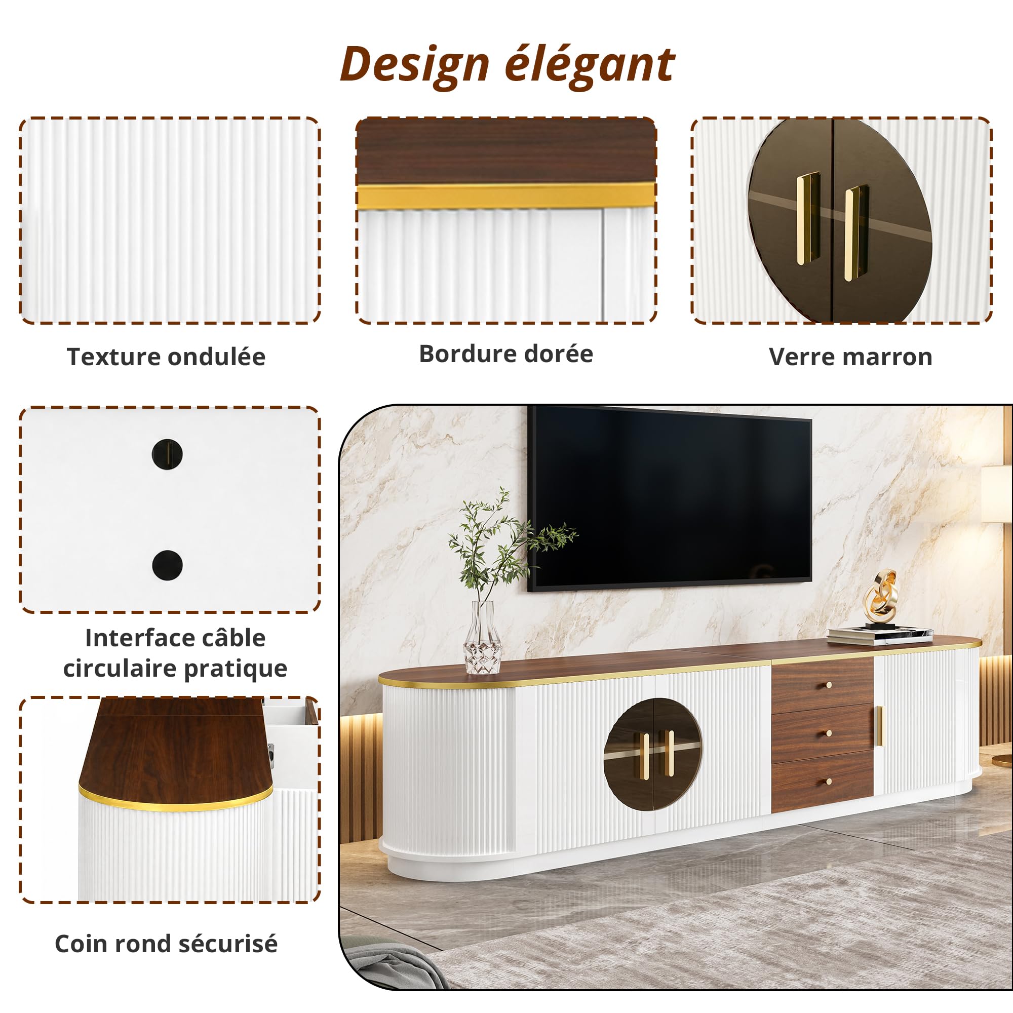 Meuble TV,Support Télé,3 Portes,2 Etagères,3 Tiroirs,Longueur 180cm,Table Télé de Salon,Armoire Basse Moderne en Bois Salle de Séjour Intérieur,Ovale
