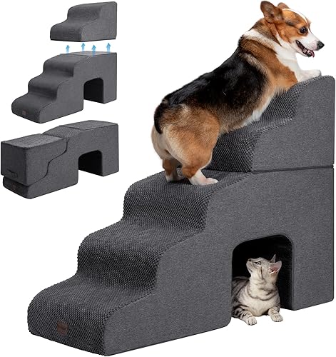 Escaleras para perros para camas altas con túnel, escalones de 5 escalones para perros pequeños y gatos, escaleras plegables para mascotas para