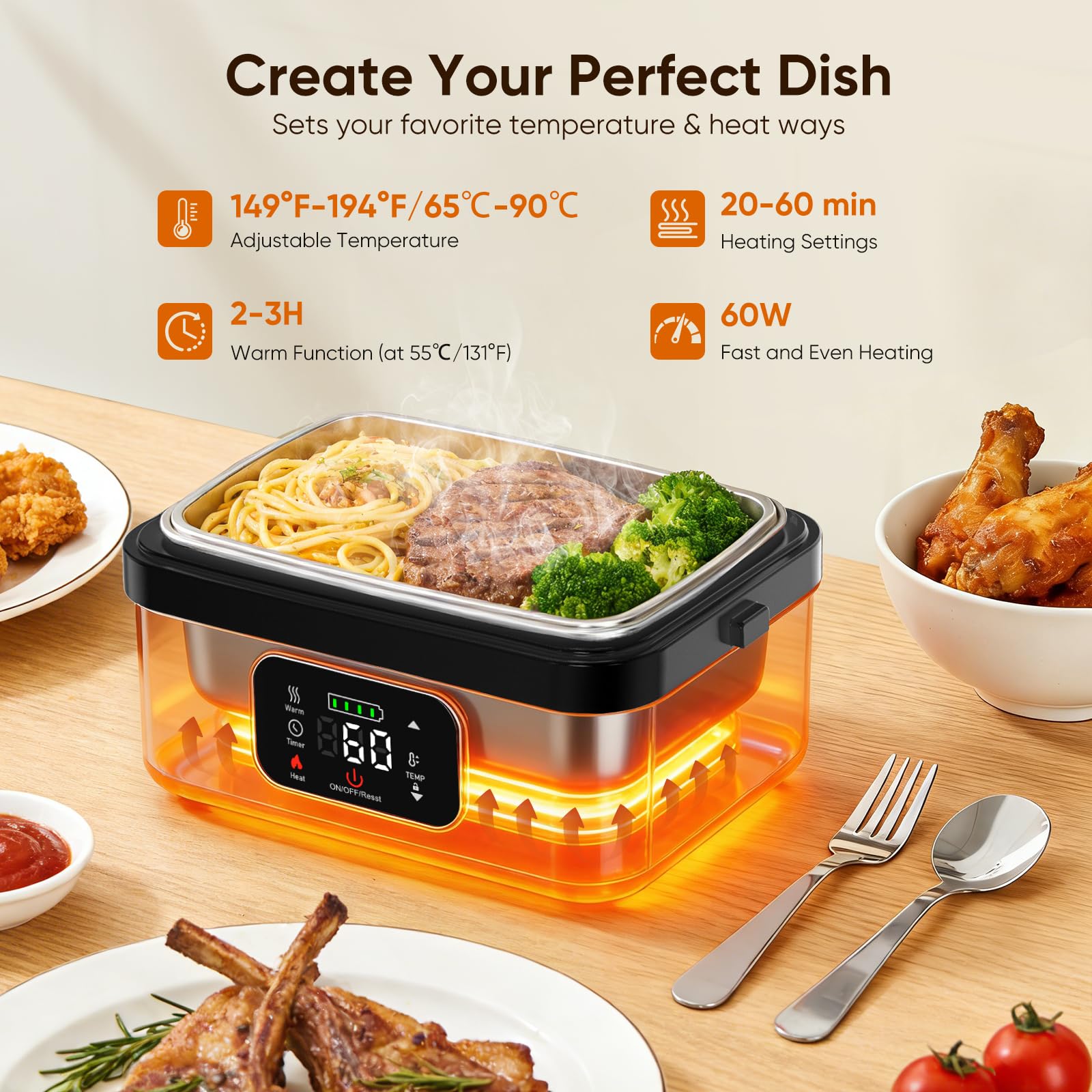 Fiambrera Electrica,Calentador de Comida Portatil 1L para Comida con 60W almuerzo caja calefactora con calefacción programable, acero inoxidable desmontable para coche, camión de oficina(Negro y gris)