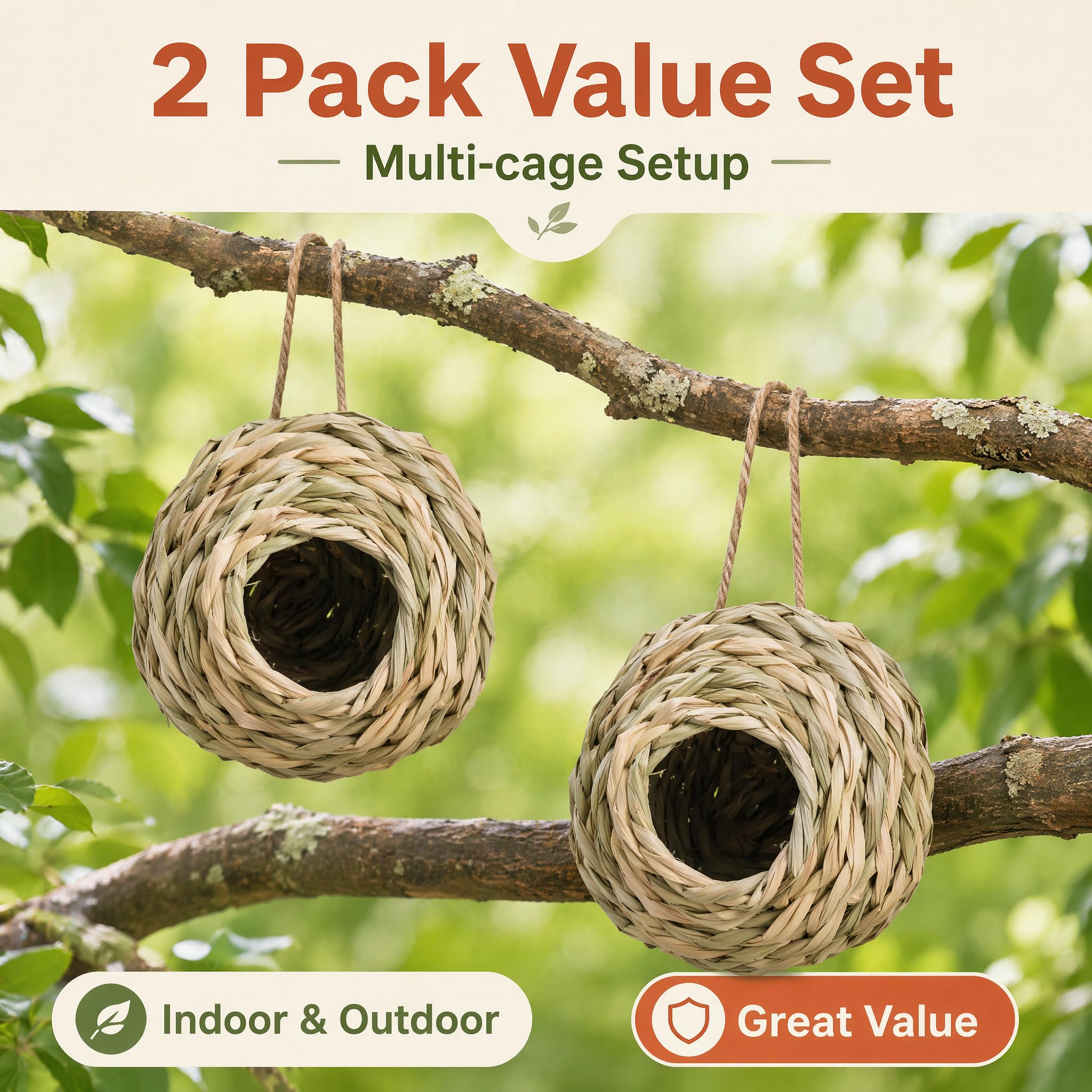 Nido Per Uccello Erba Casetta, 2 Pezzi, 12 x 12 x 9 Cm | Intrecciato a Mano Con Erba Naturale, Casetta Sospensabile, Ideale Per Colibrì, Cocorite e Uccelli Selvatici Di Giardino