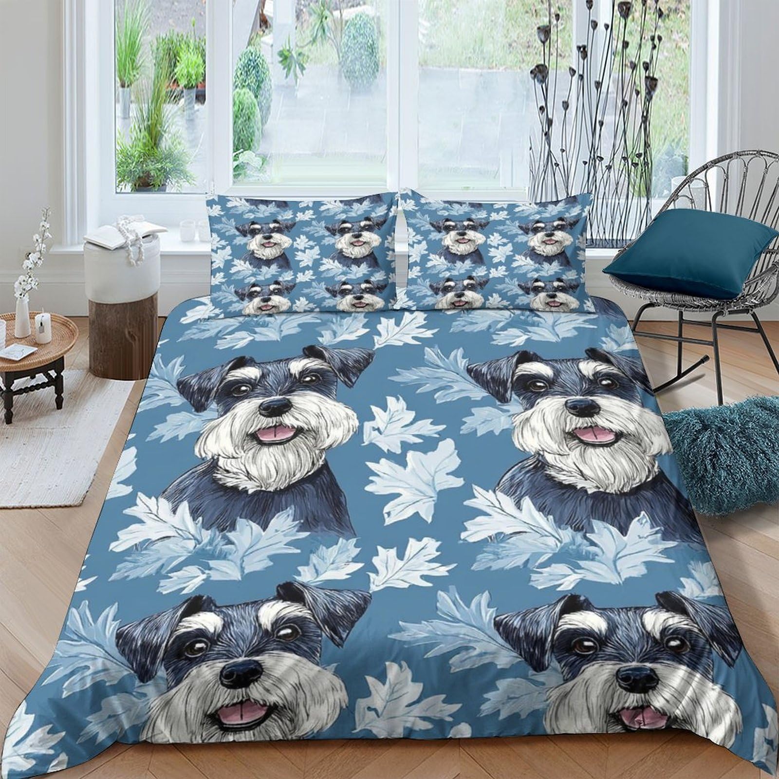 Ctjqhvkz Style-7 3D Printed Schnauzer Dog Fitted Sheet Microfiber Blue Leaf Bed Cover Non Slip Washable For Bedroom Guestroom Decor Single（135X200cm）