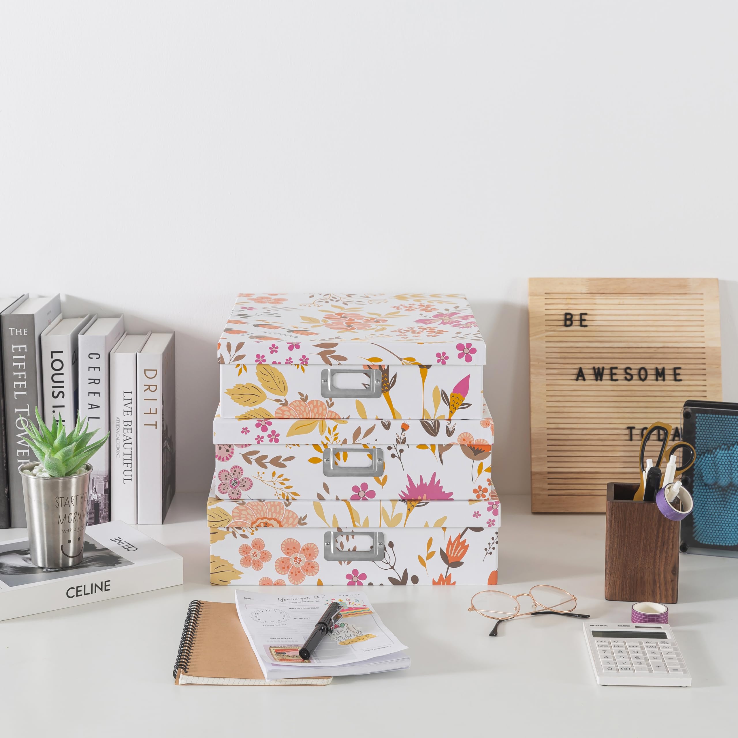 Juego de 3 cajas de cartón decorativas para collage floral con tapas, para recuerdos y fotos, almacenamiento de cartas para documentos, álbumes de recortes, organización 2