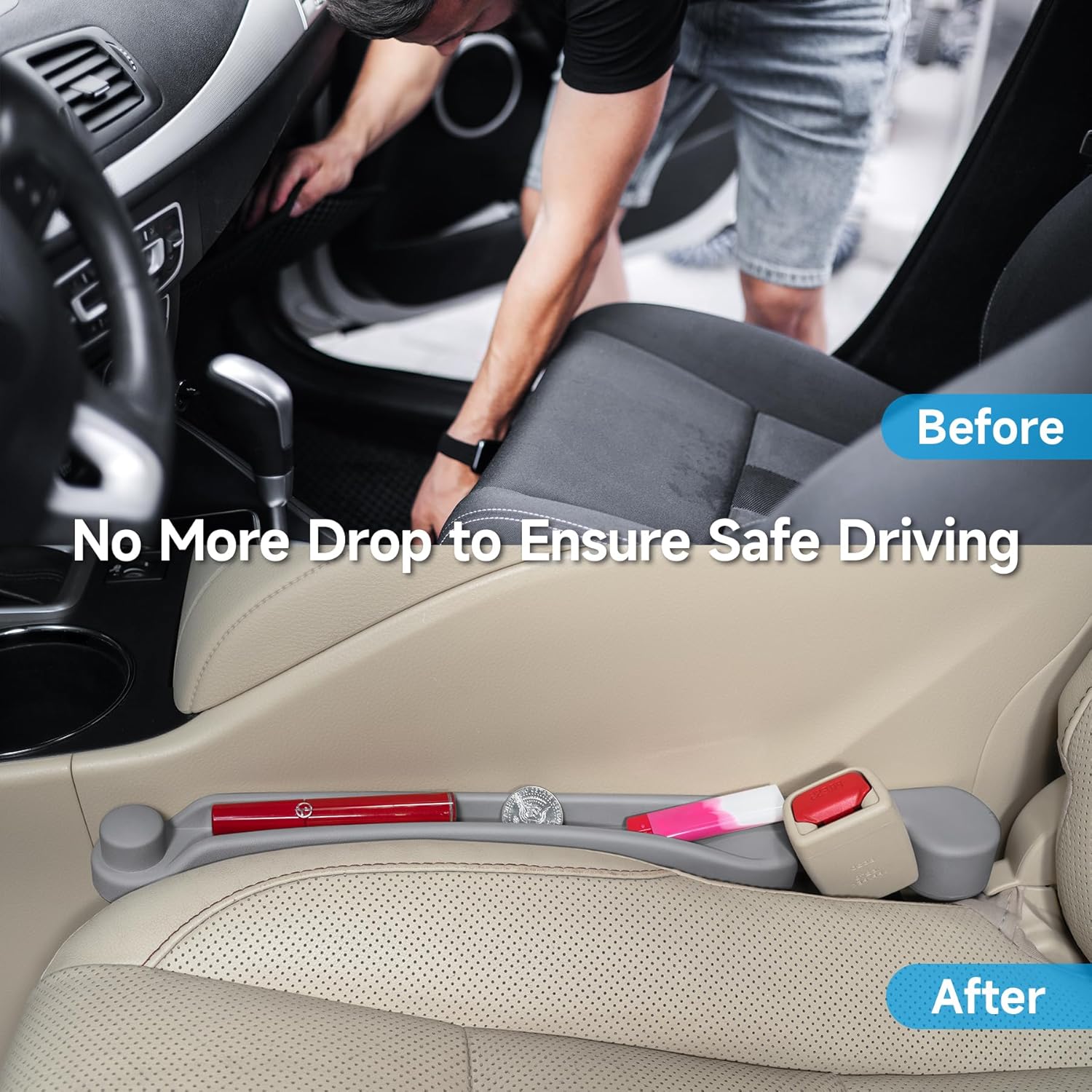 car seat gap filler set of 2, 3in1 seat side gap filler plug with storage slot & hook function, soft foam universal fit car suv truck fill gap between seats console organizer?standard l gray? light gray most cars – standard