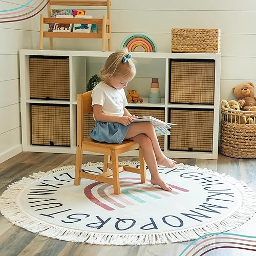 Miniatura 7 de ABC Lovely - Alfombra bohemia con diseño de arco iris, alfombra redonda de 4 pies para sala de juegos de niños pequeños, alfombra redonda para aula,
