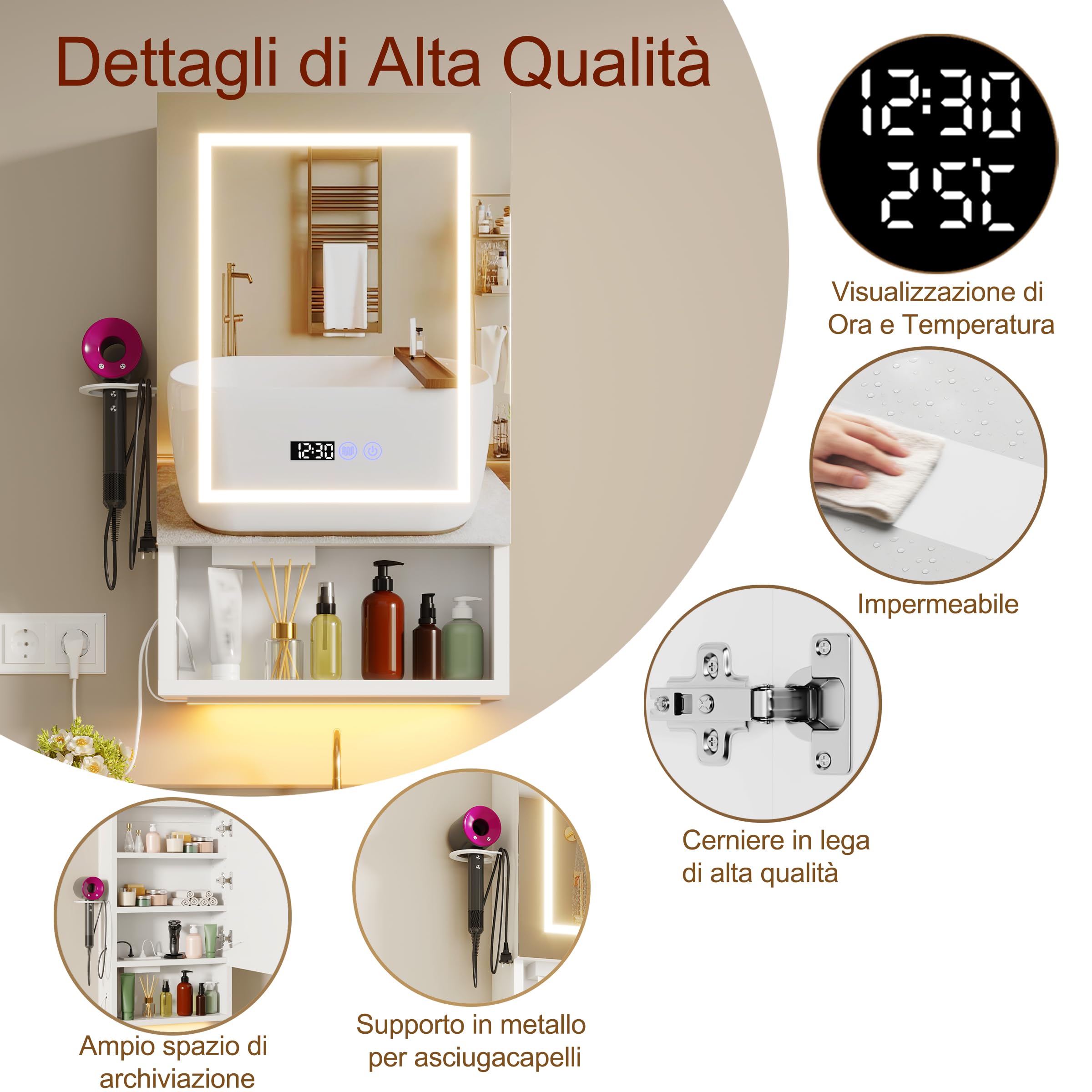 Specchio Bagno Contenitore con illuminazione e Antiappannamento Armadietto Bagno a Parete con indicazione di orologio e temperatura, Presa e 4 scomparti portaoggetti per il Bagno 47 * 80 * 16 cm