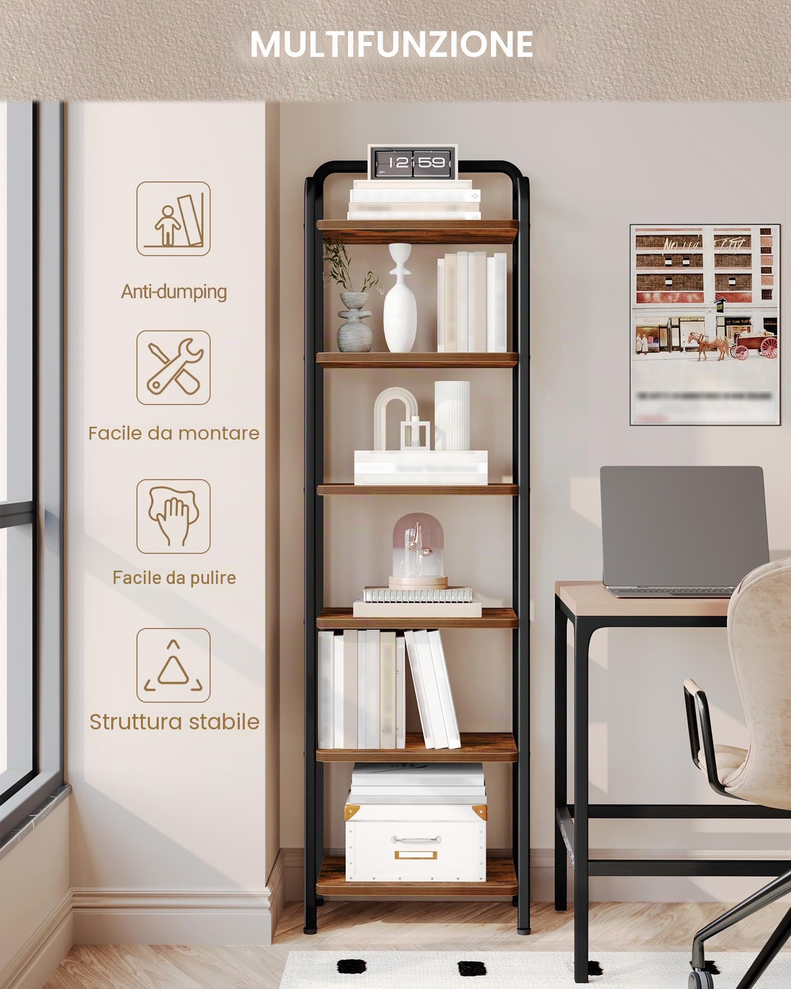 Hzuaneri Scaffale a 6 Ripiani, Libreria, Scaffale Stretto per Libri, Mensola D'angolo Industriale, Mensola Sottile per Ufficio, Soggiorno, Camera da Letto, Cucina, Marrone Vintage e Nero BC44601B