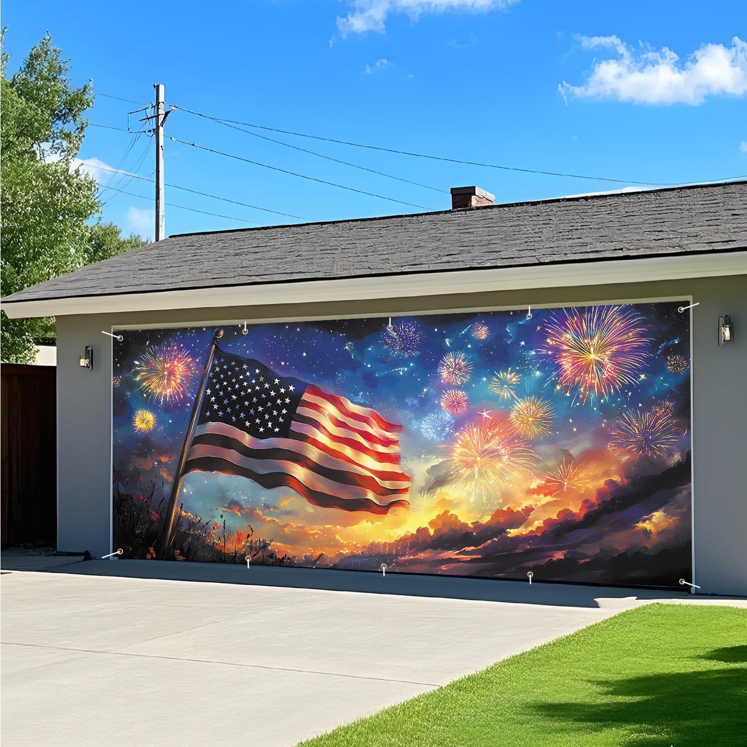 American Flag Fireworks Garage Door Banner 7x16FT, Patriotic USA Flag Independence Day Garage Door Cover, 4th of July Outdoor Decoration for Garage Yard Driveway Party