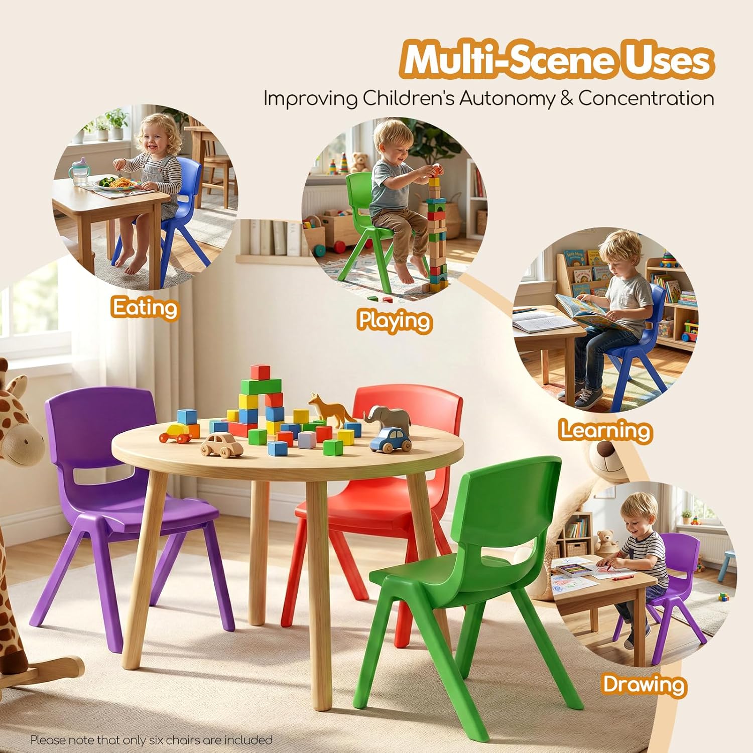 6PCS Colorful Stackable School Chairs, Colorful Kids Plastic Chair with 11'' Seat Height Stack Plastic Classrooms Chair Indoor Outdoor for Home Preschool Daycare Center (14.17 x 12.6 x 21.65in)