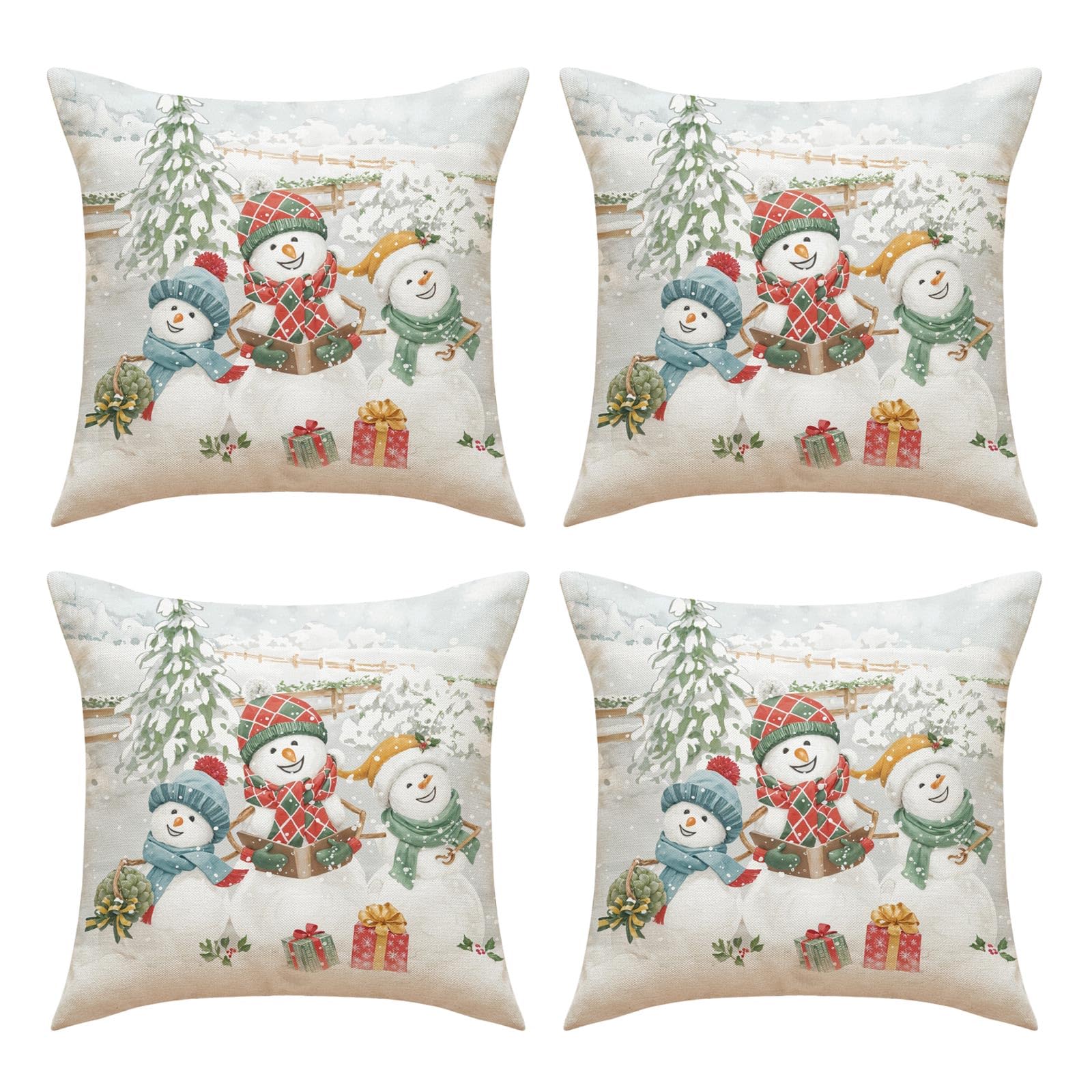 Jazuaiao 4PCA Linen Pillowcases with Snowman Print Cushion Covers 45X45cm Pillow Covers for Home and Use Square Pillowcase